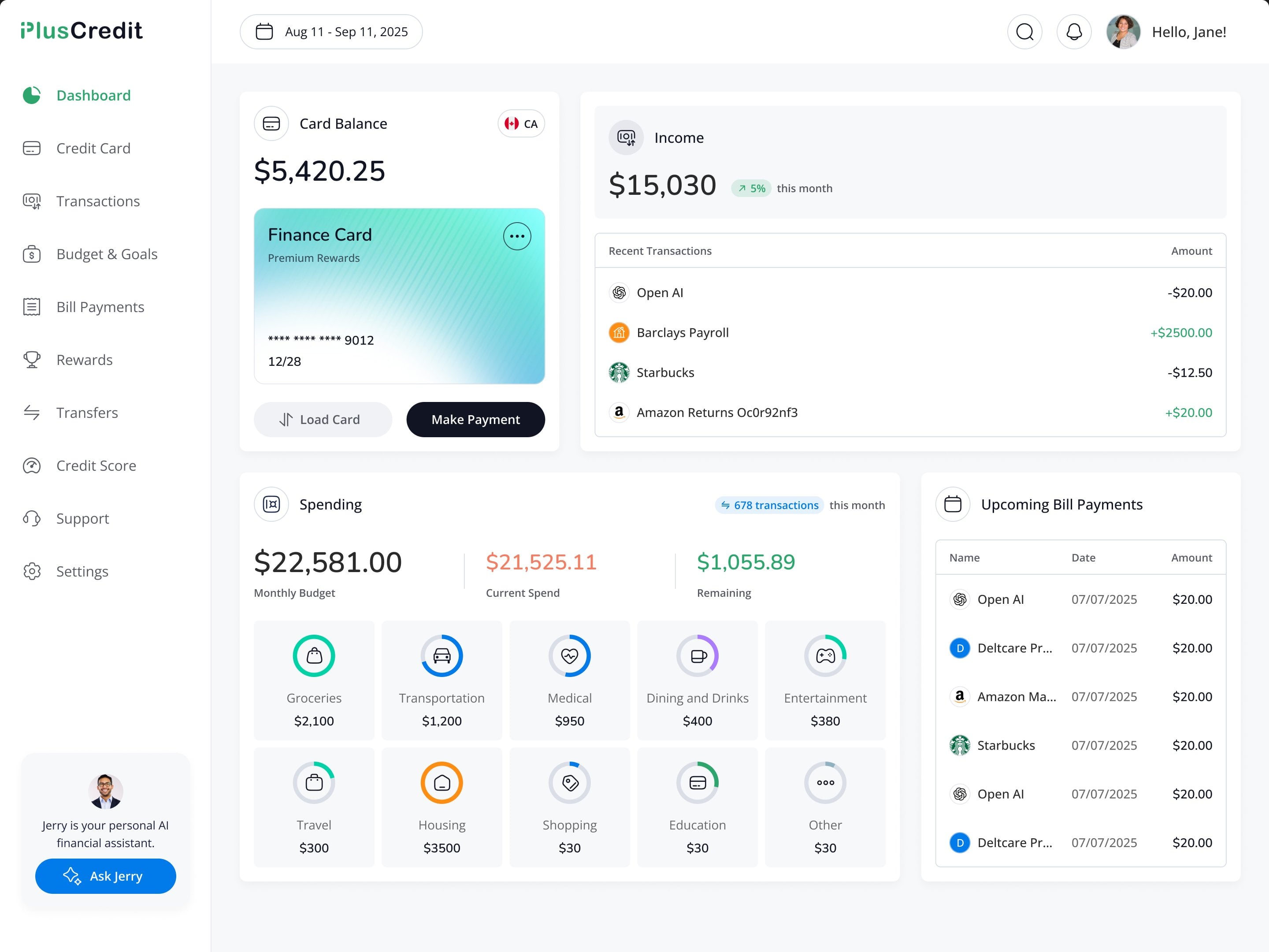 PlusCredit dashboard — card balance, income, spending and upcoming bills