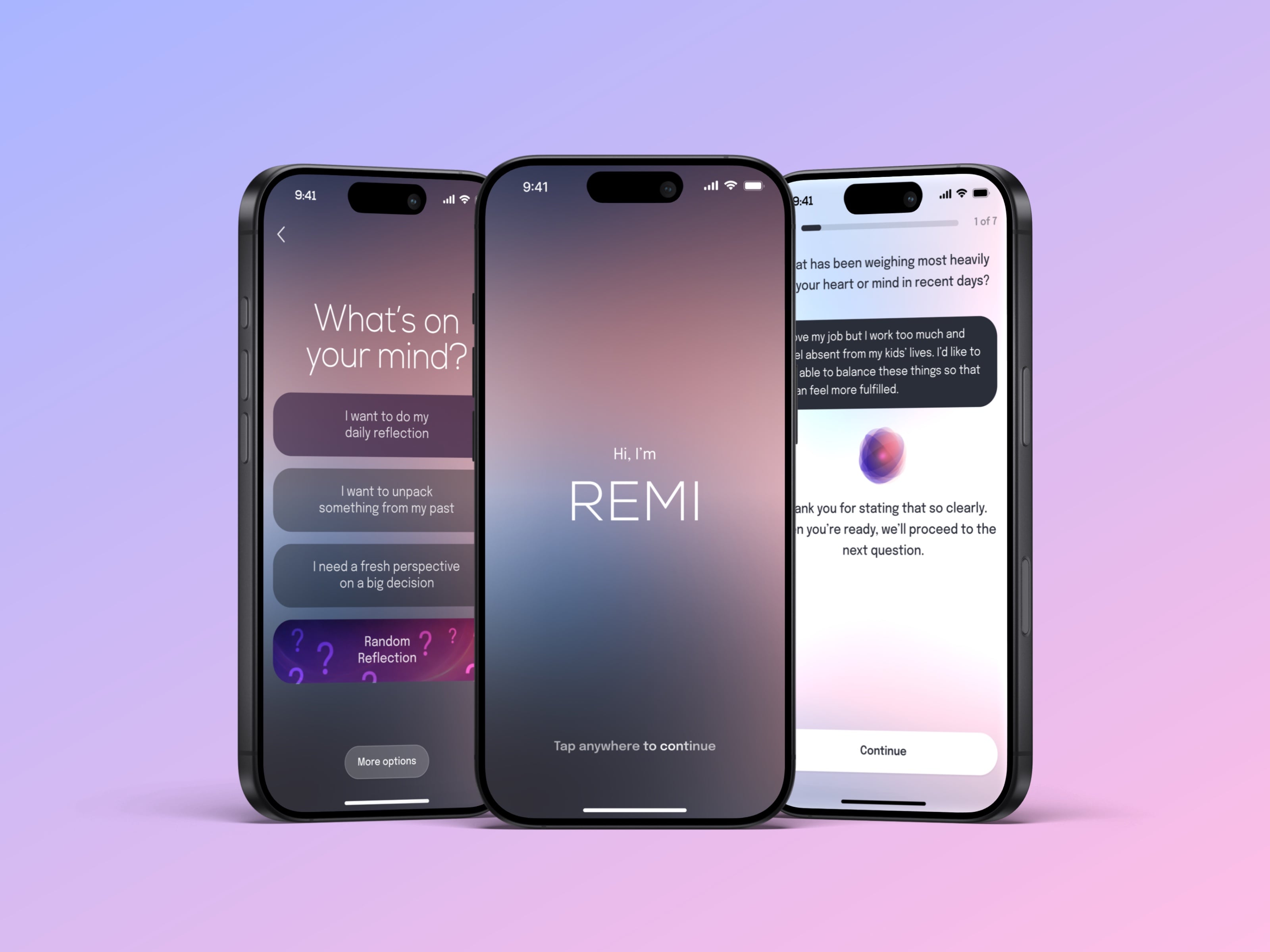 Remi app — what's on your mind, voice session, guided questions