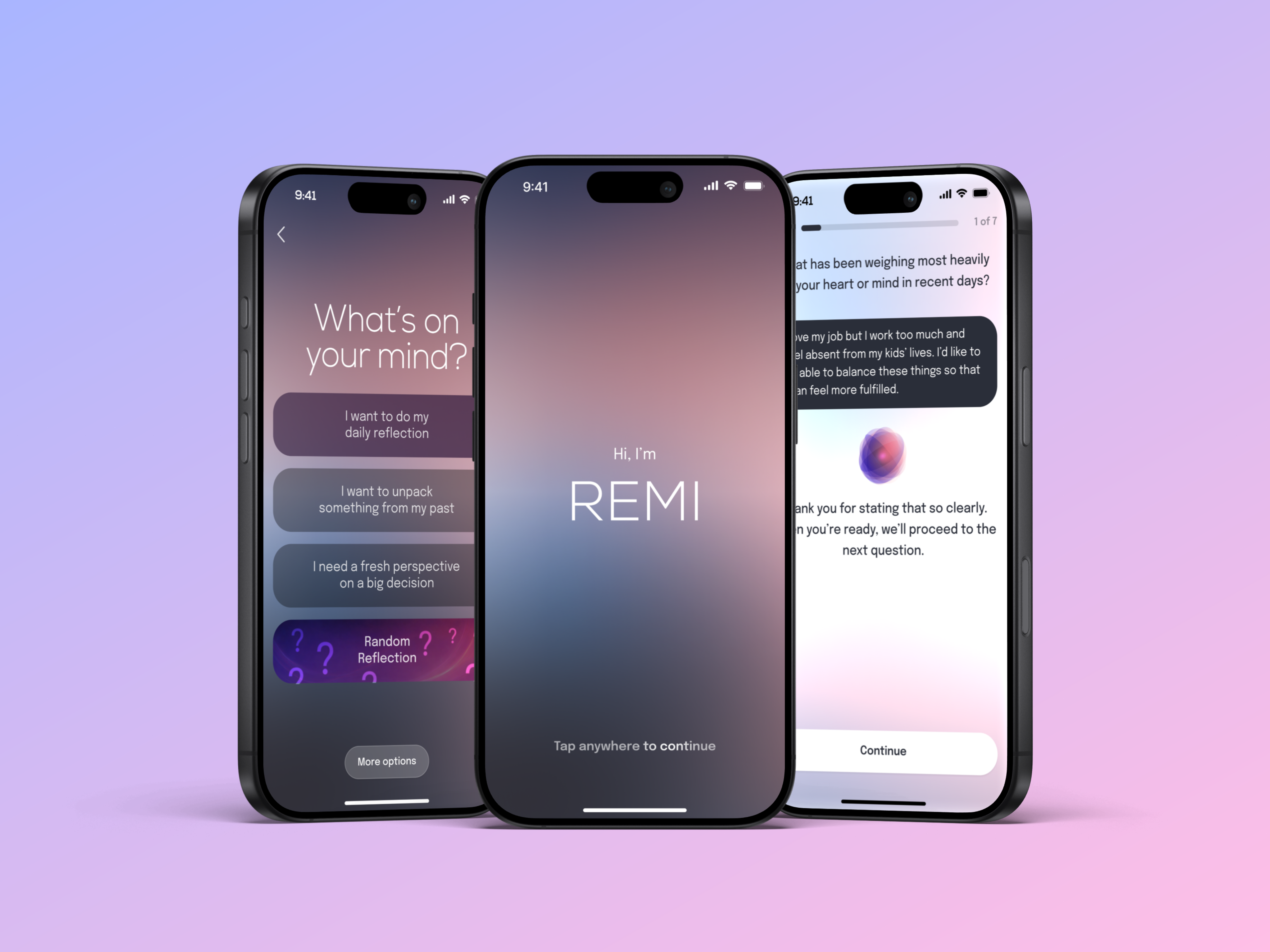 Remi on iPhone — what's on your mind, meeting Remi, and a guided question