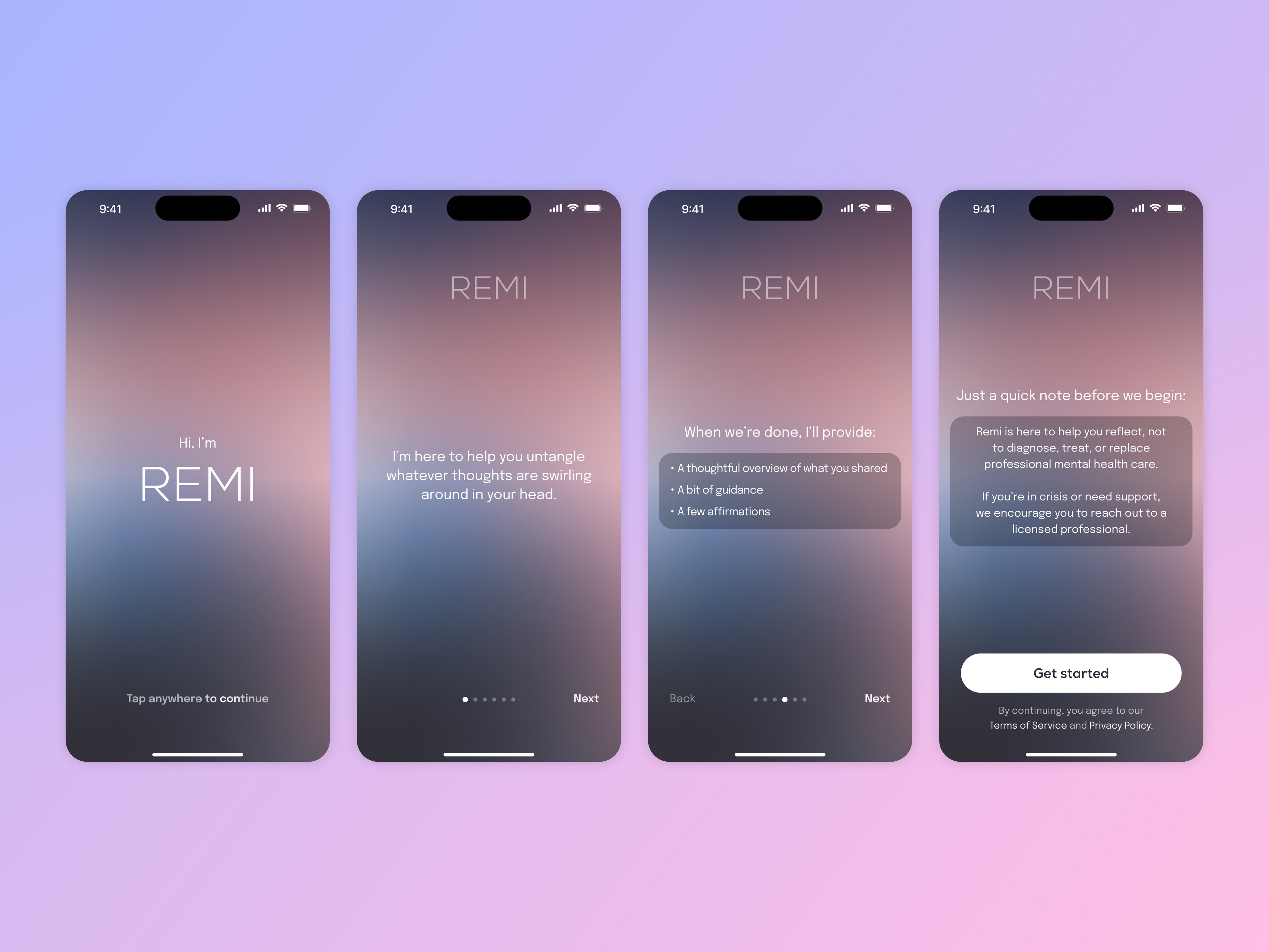 Onboarding — meet Remi, how it helps, what you'll get, and a note before you begin