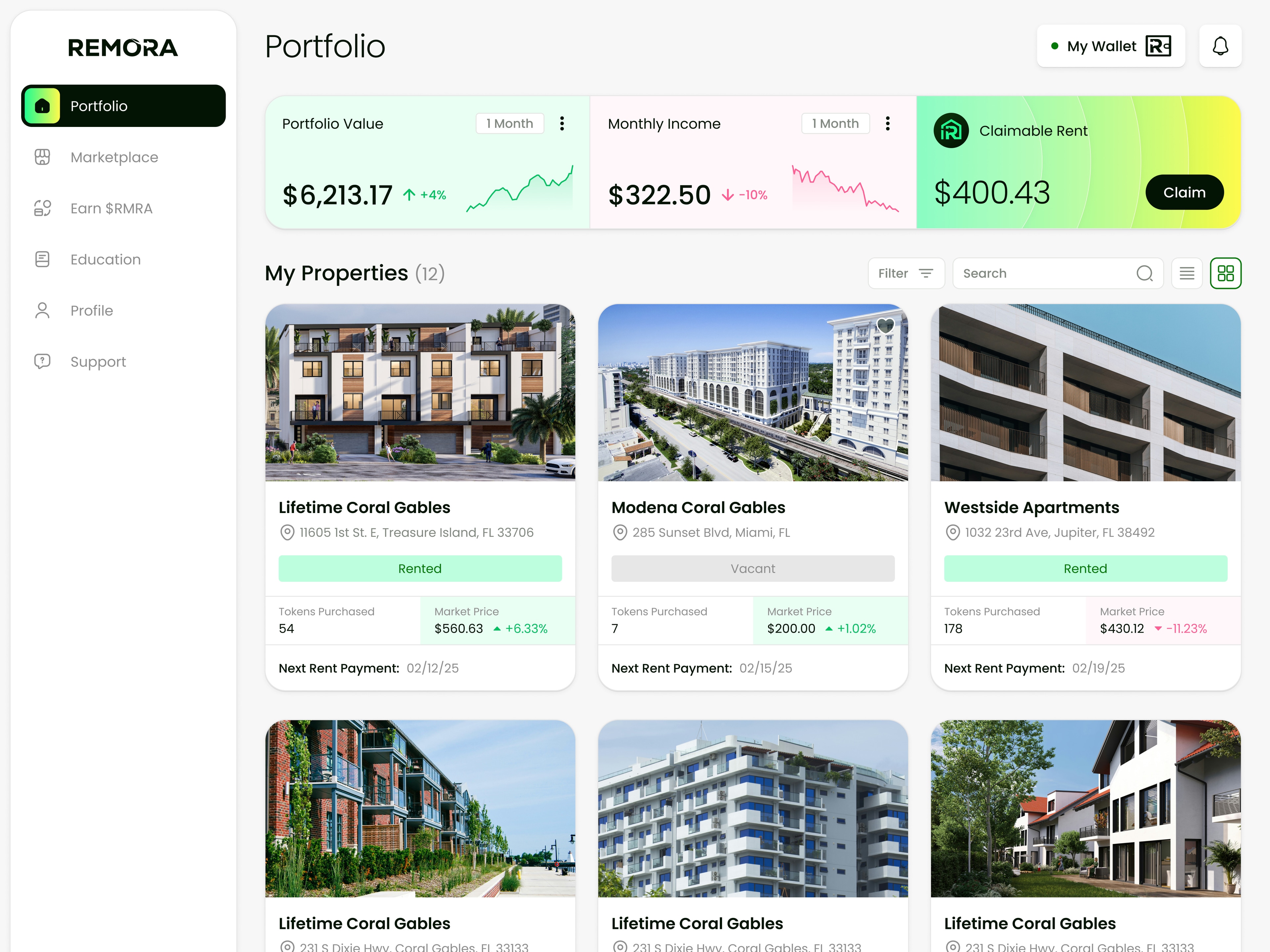 Remora portfolio — value, monthly income, claimable rent and owned properties
