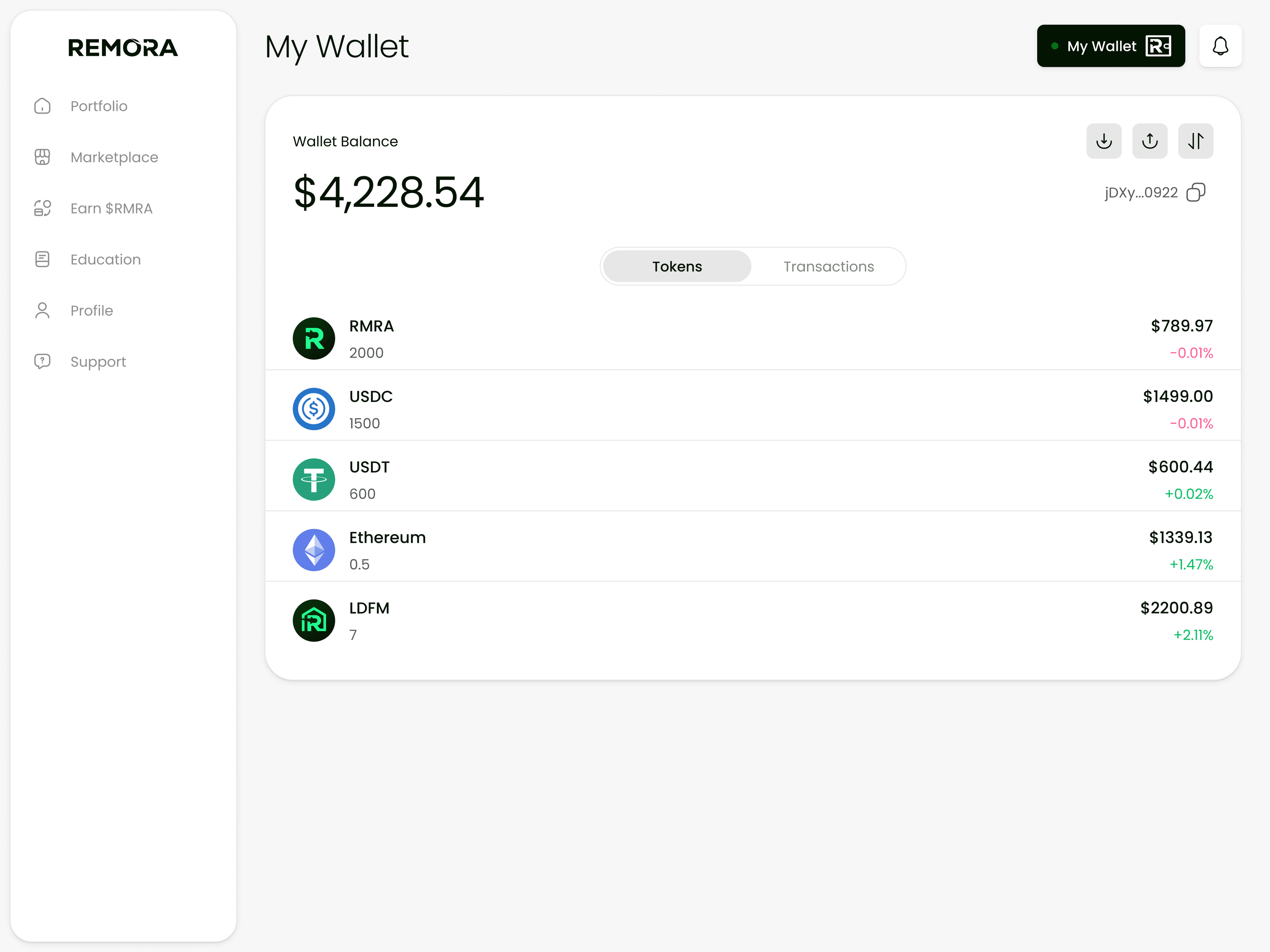 Wallet balance across RMRA, stablecoins and property tokens