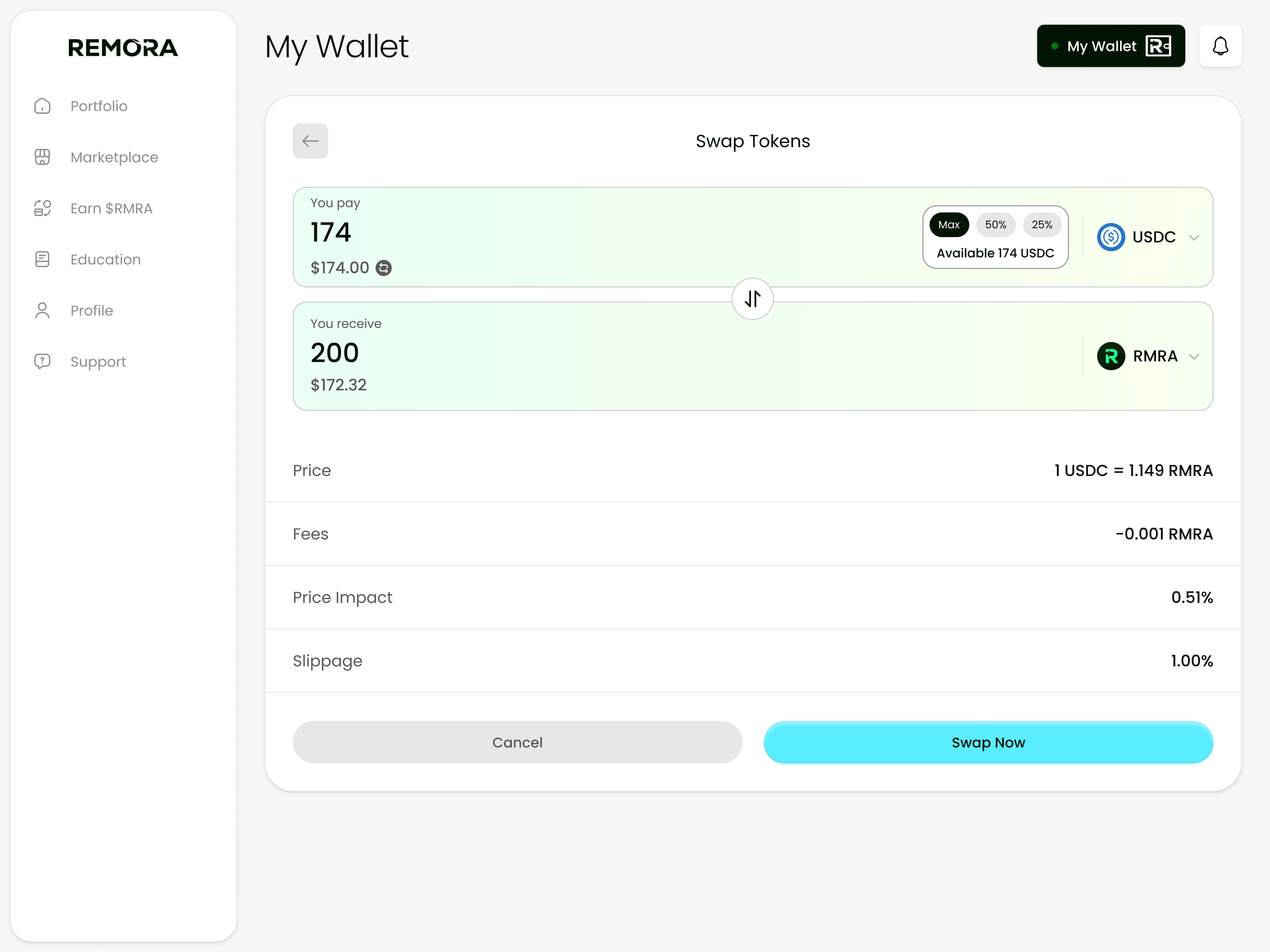 Swap tokens, with price, fees, impact and slippage