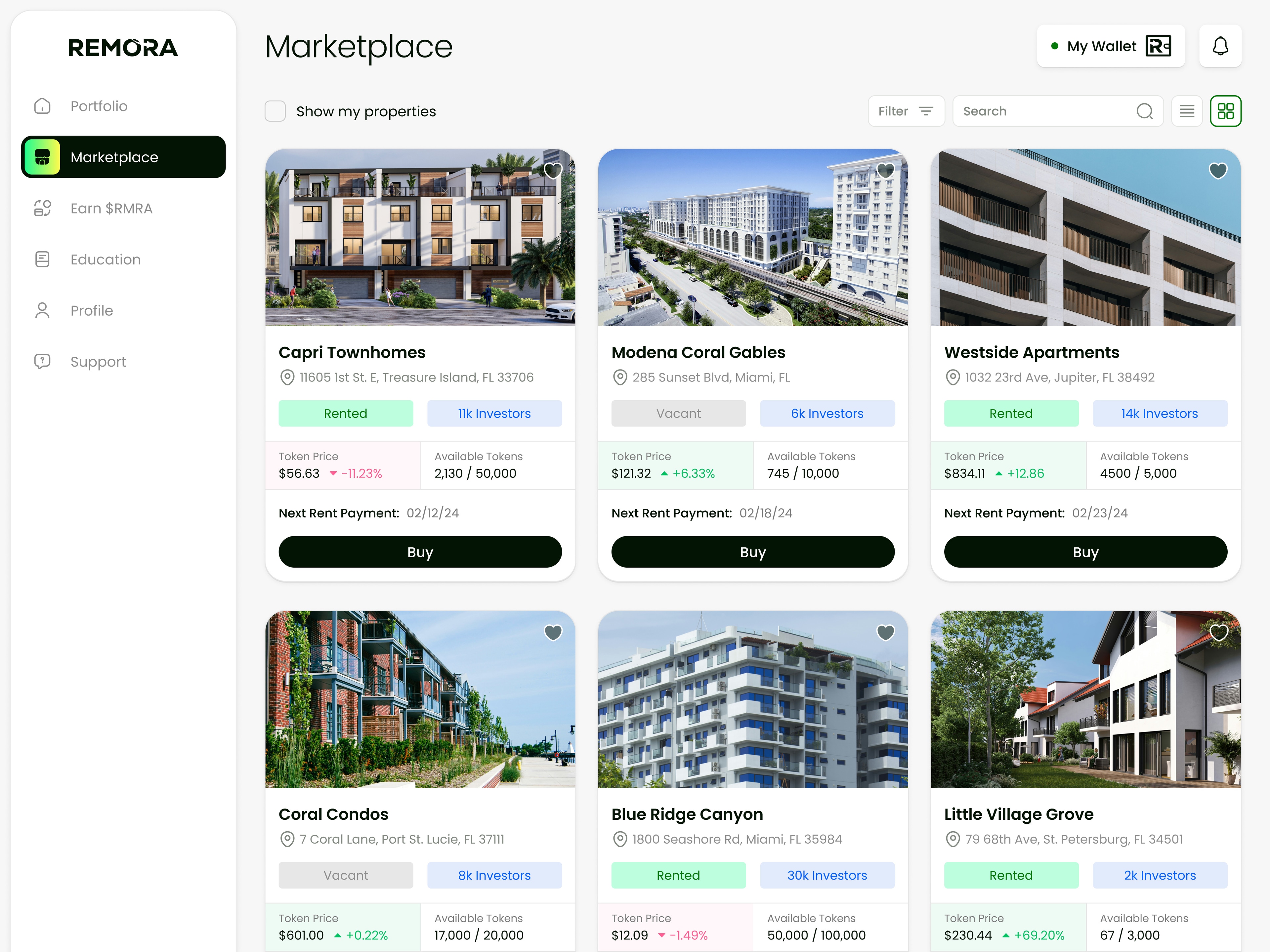 Marketplace of tokenized properties with token price and availability