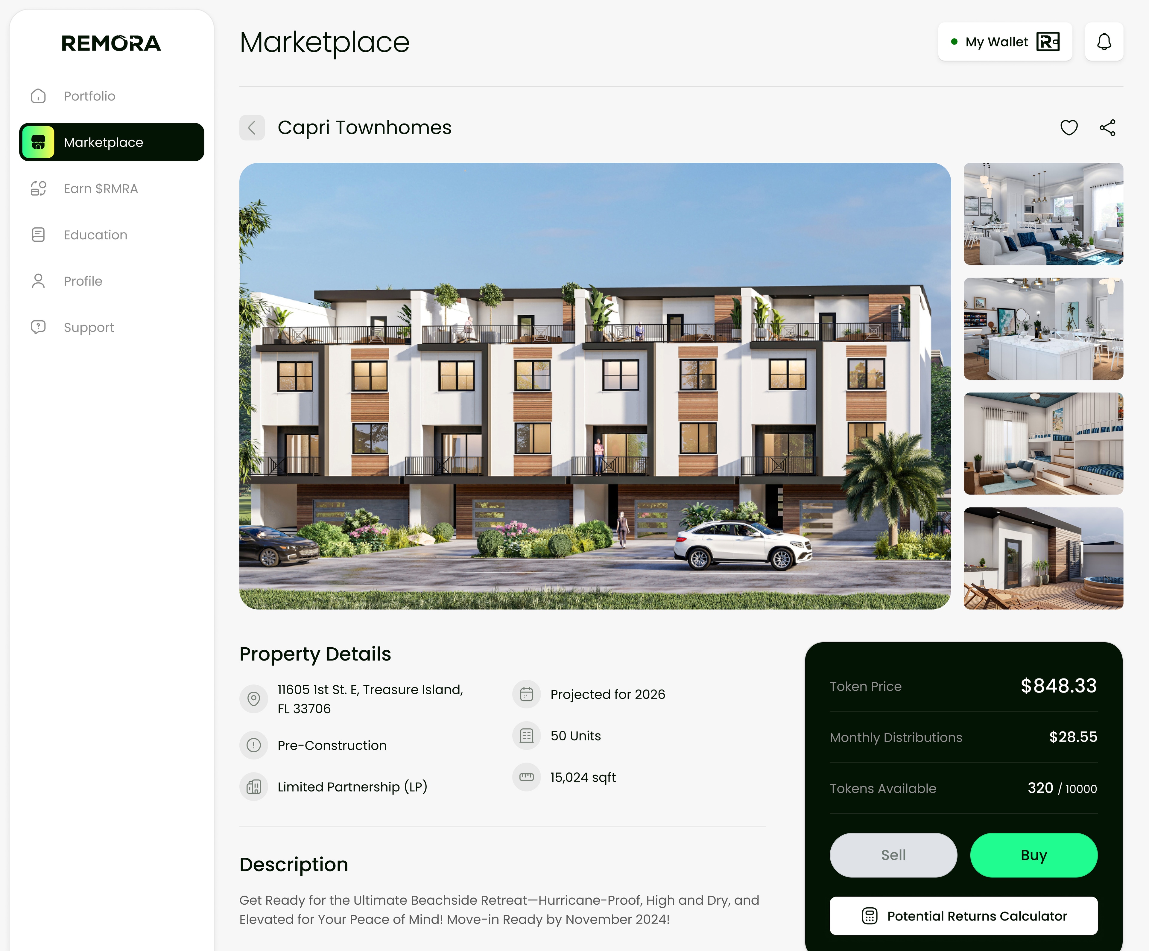 Property details — photos, terms, token price and monthly distributions