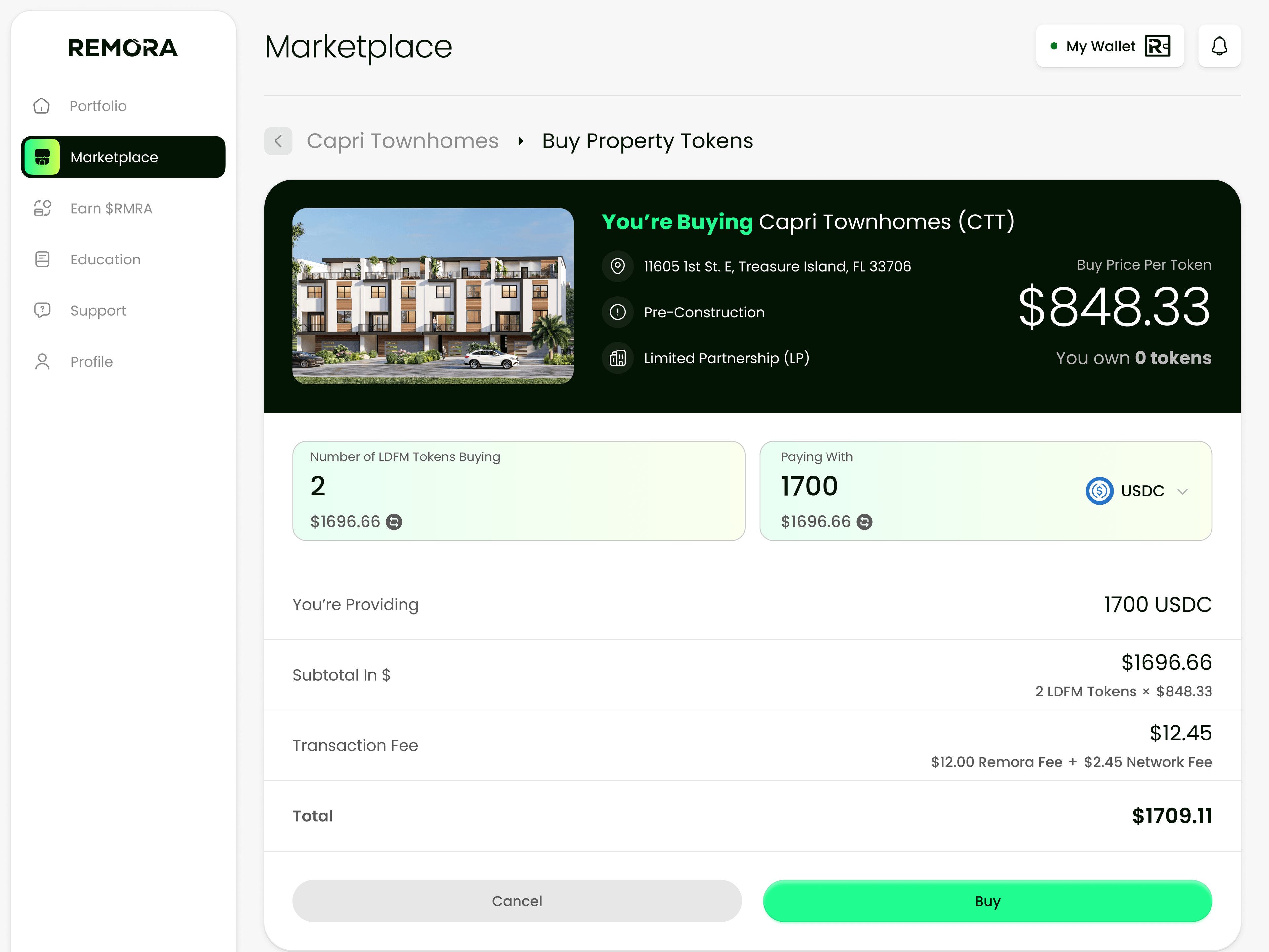 Buying property tokens with USDC, with fees itemized