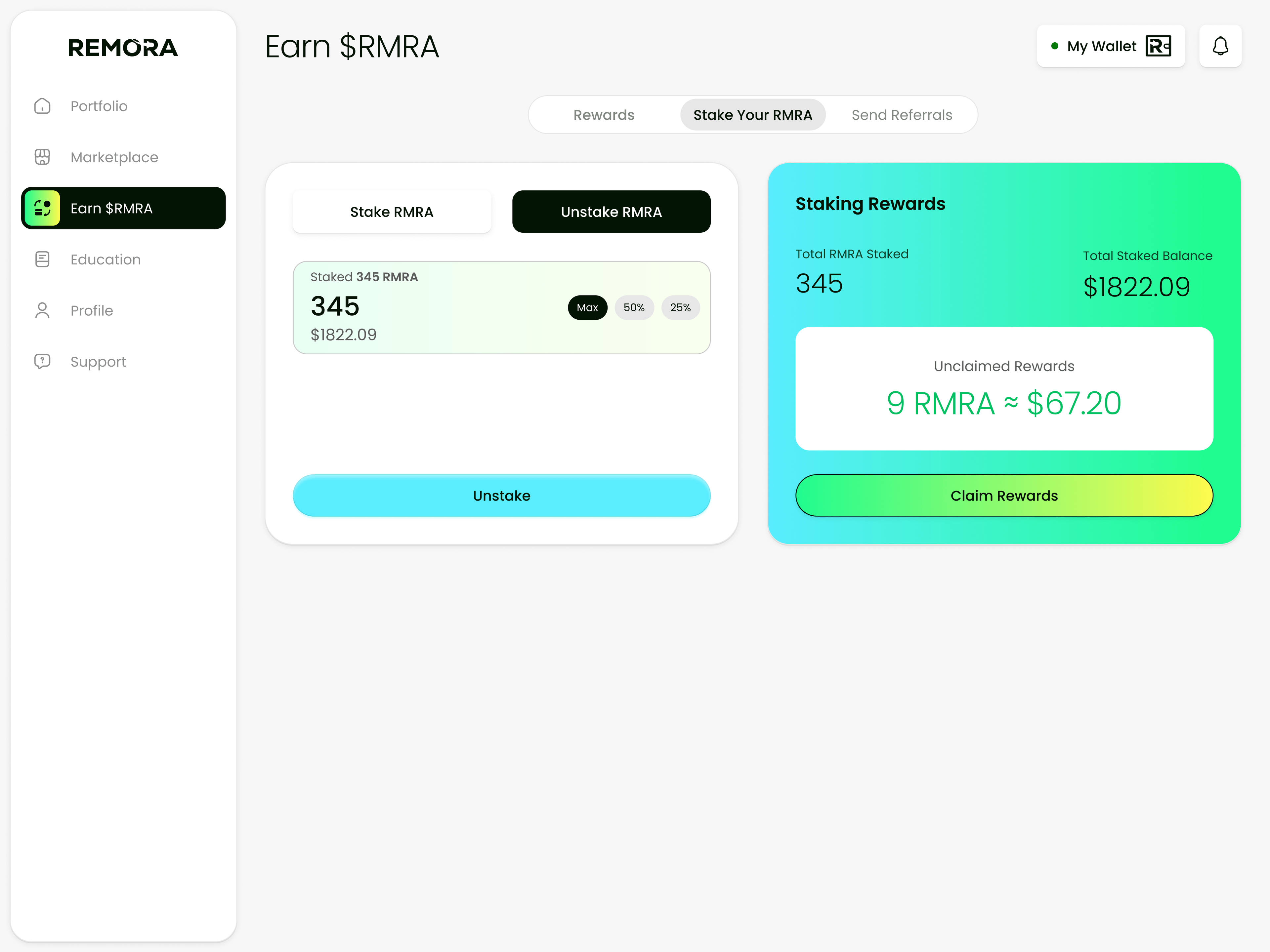 Stake $RMRA and claim staking rewards