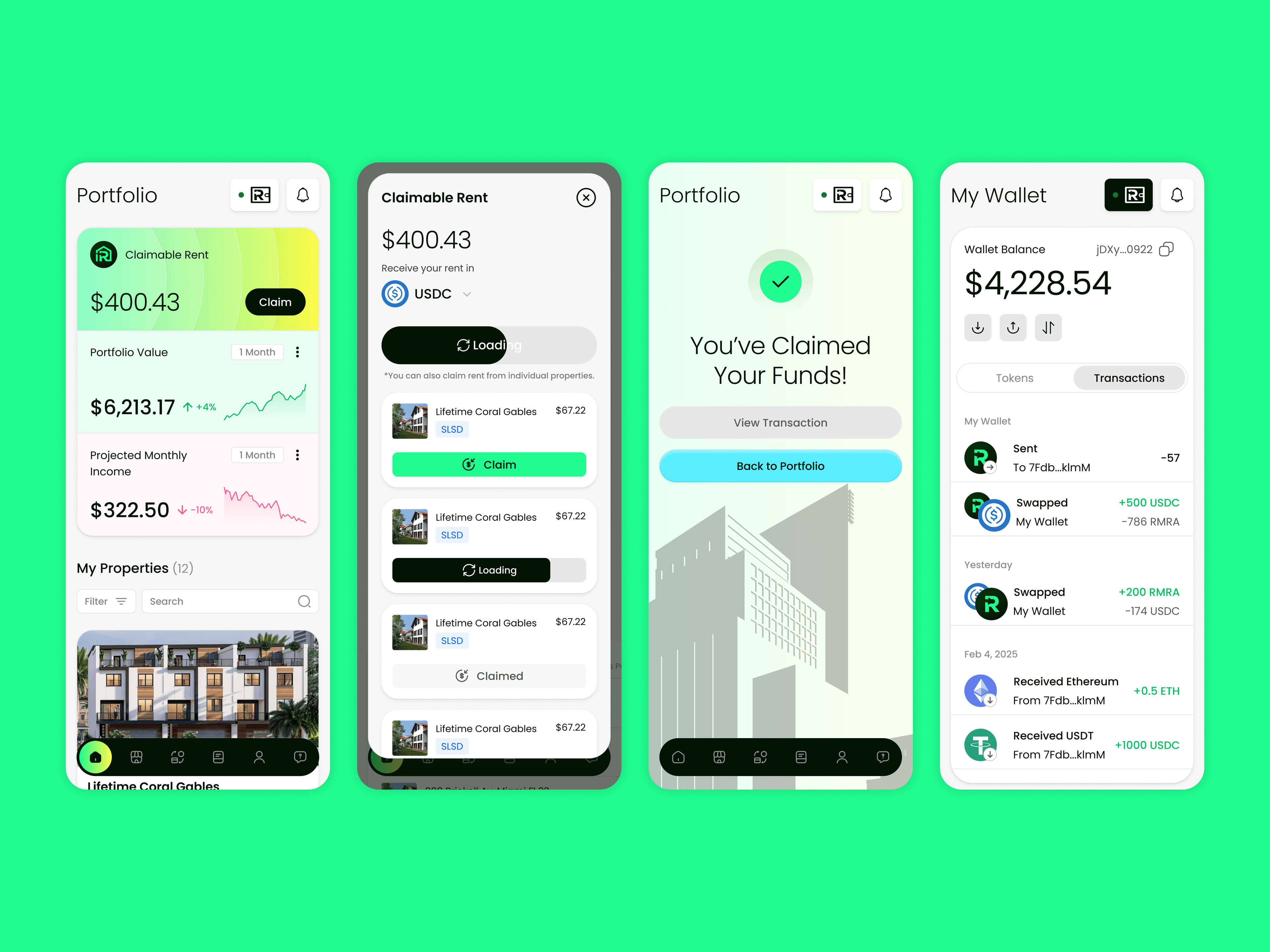 Remora on mobile — portfolio, claiming rent, confirmation and wallet