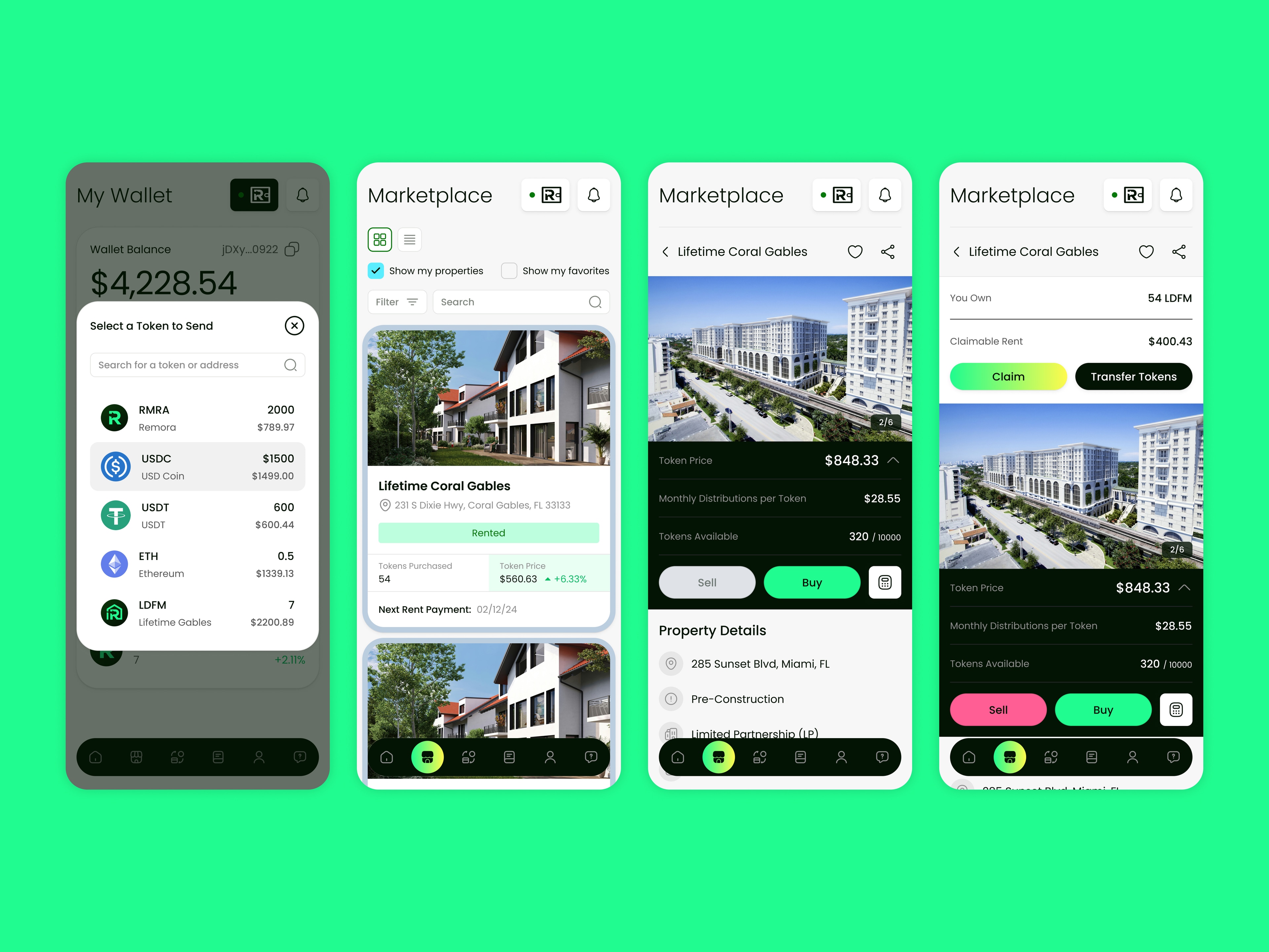 Remora on mobile — sending tokens, marketplace and property details