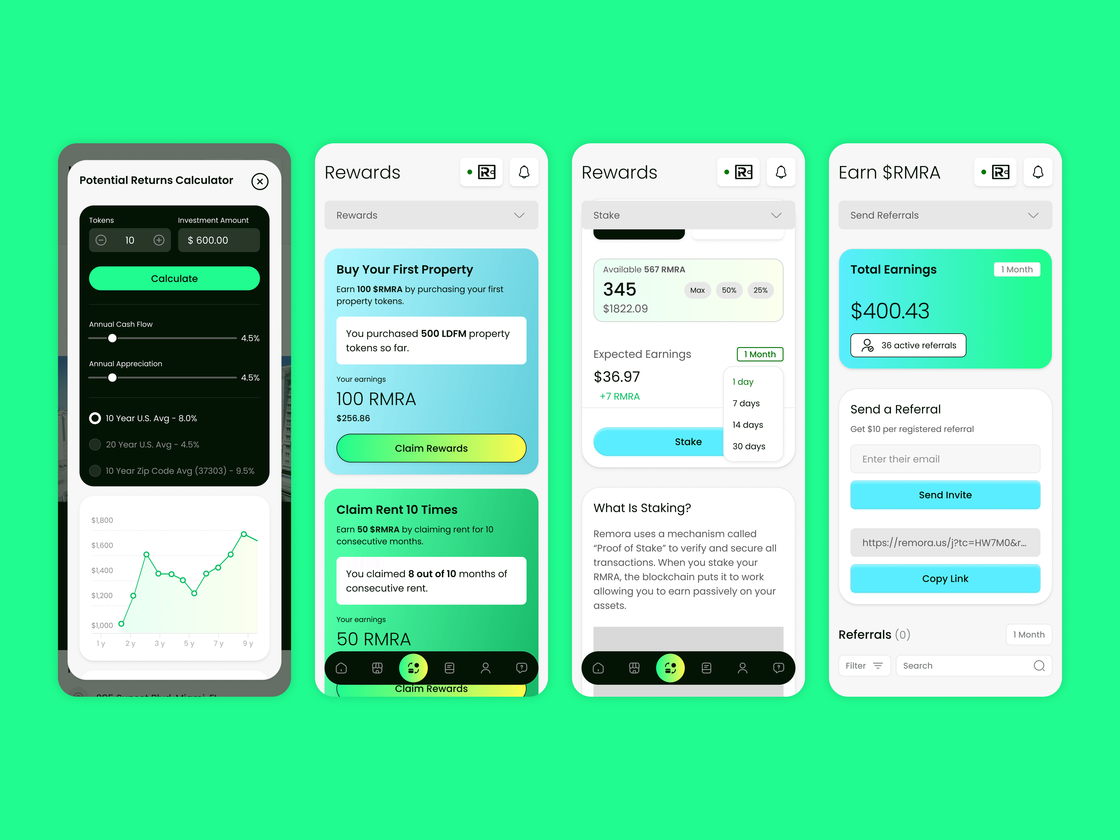 Remora on mobile — returns calculator, rewards, staking and referrals