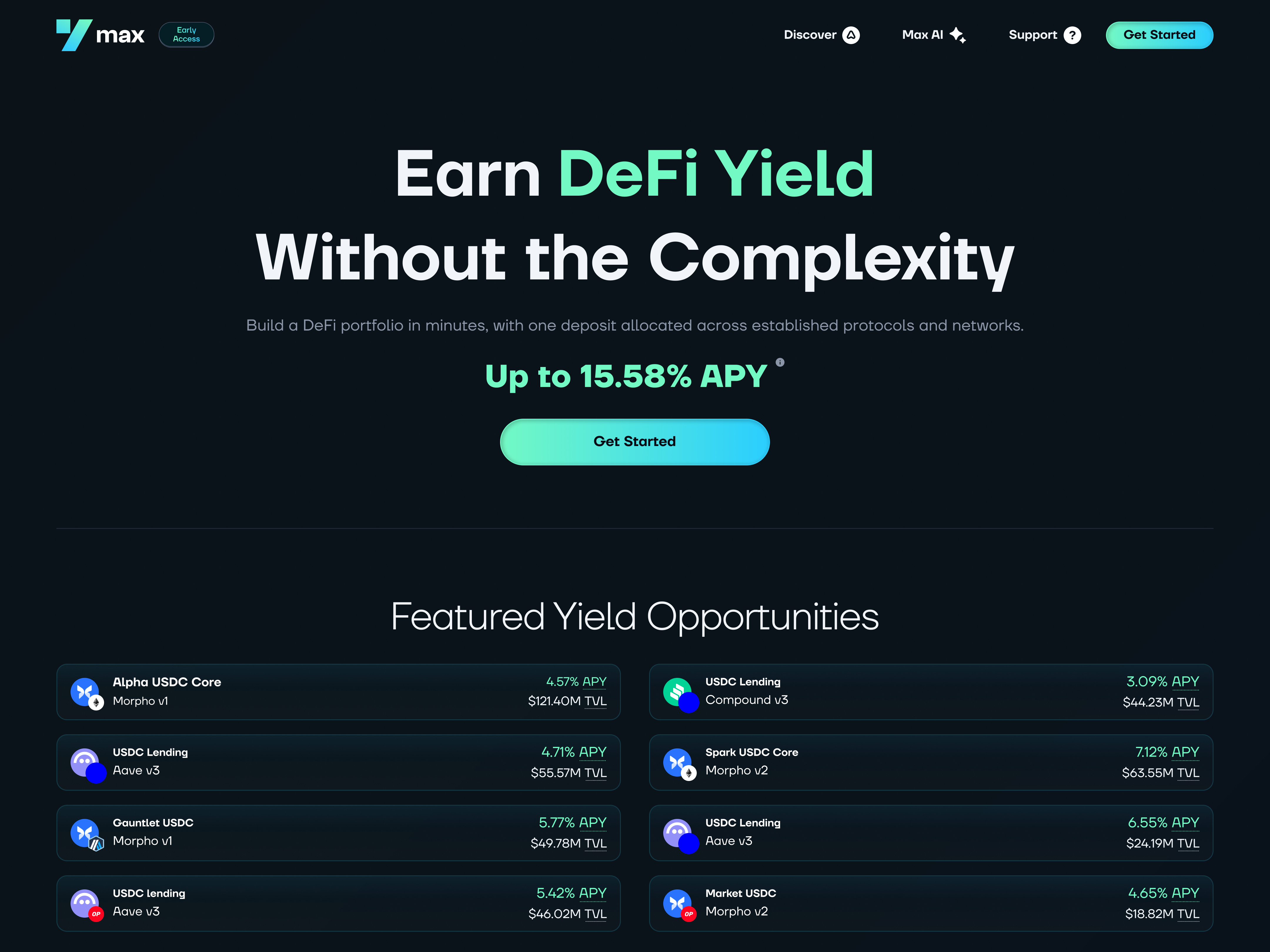 yMax landing page — earn DeFi yield without the complexity