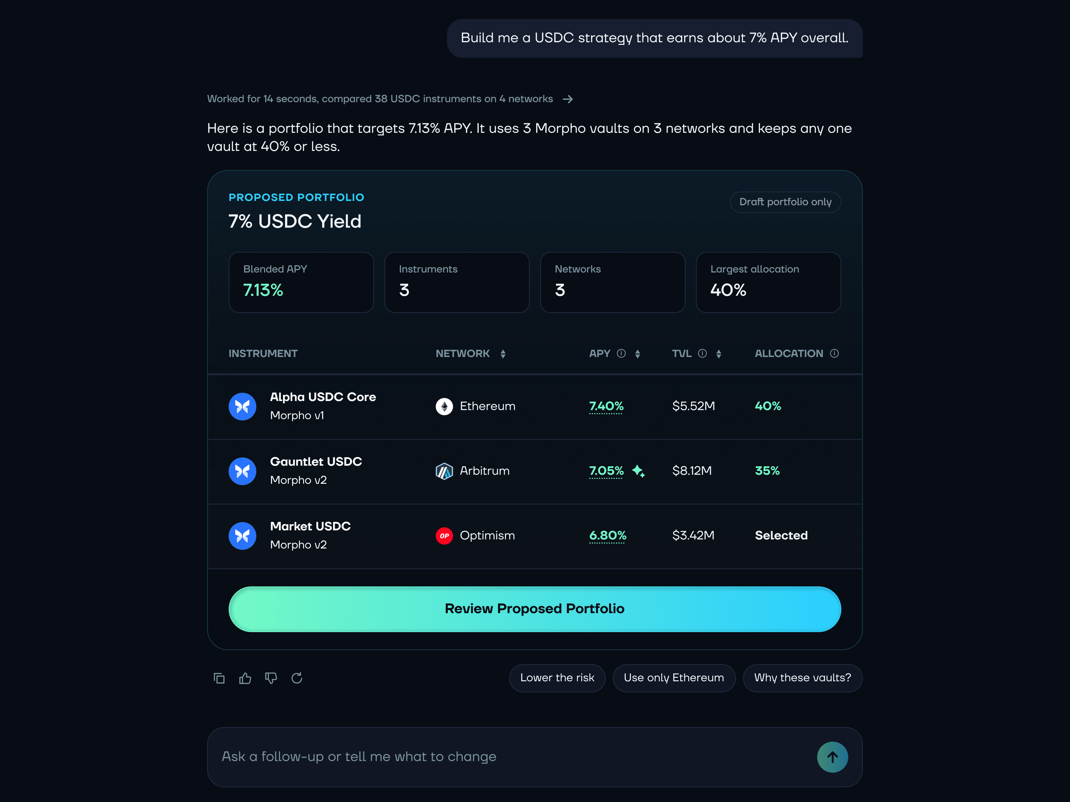 The agent proposes a 7% USDC yield portfolio across three vaults
