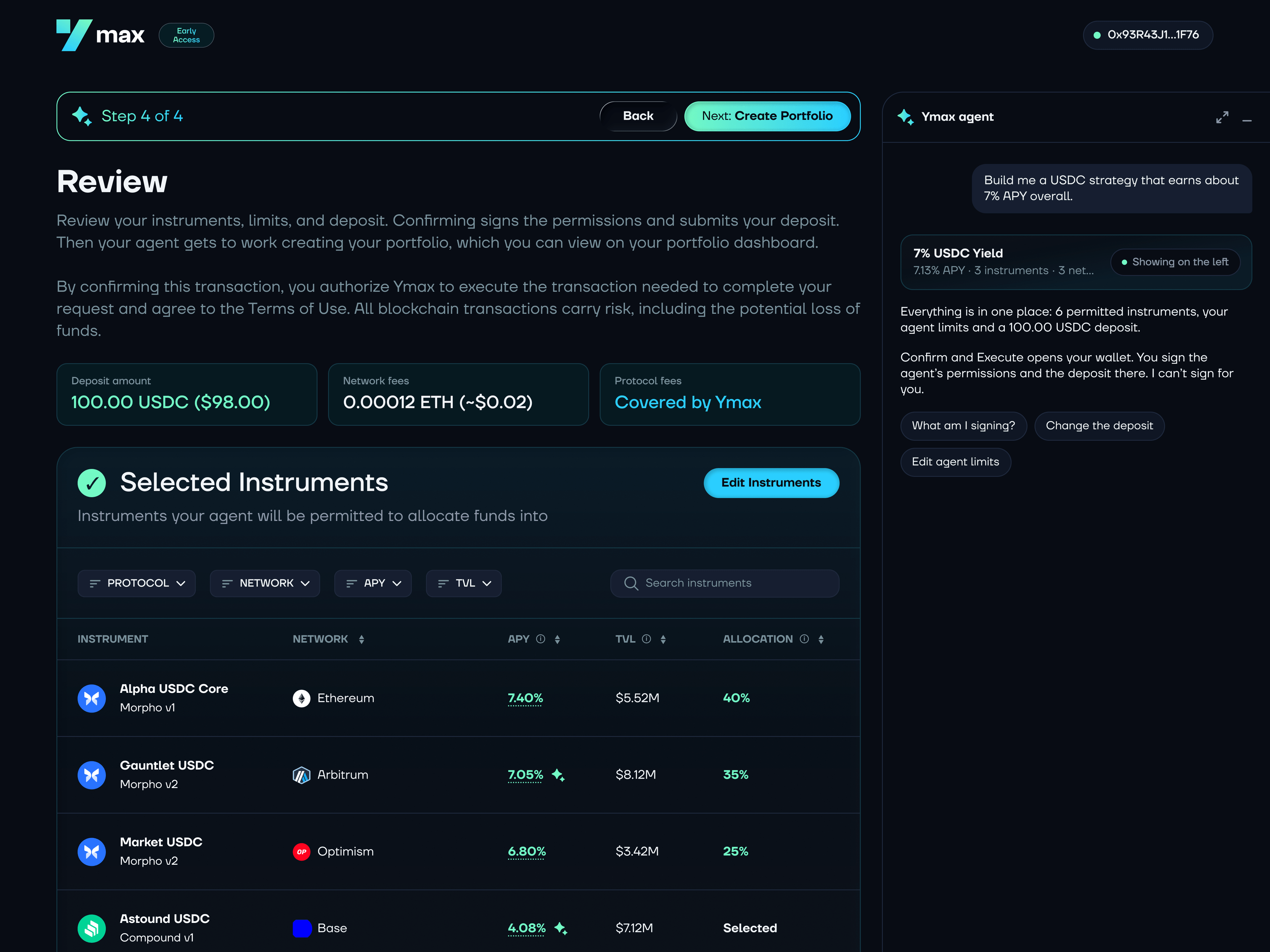 Review instruments, limits and deposit before confirming