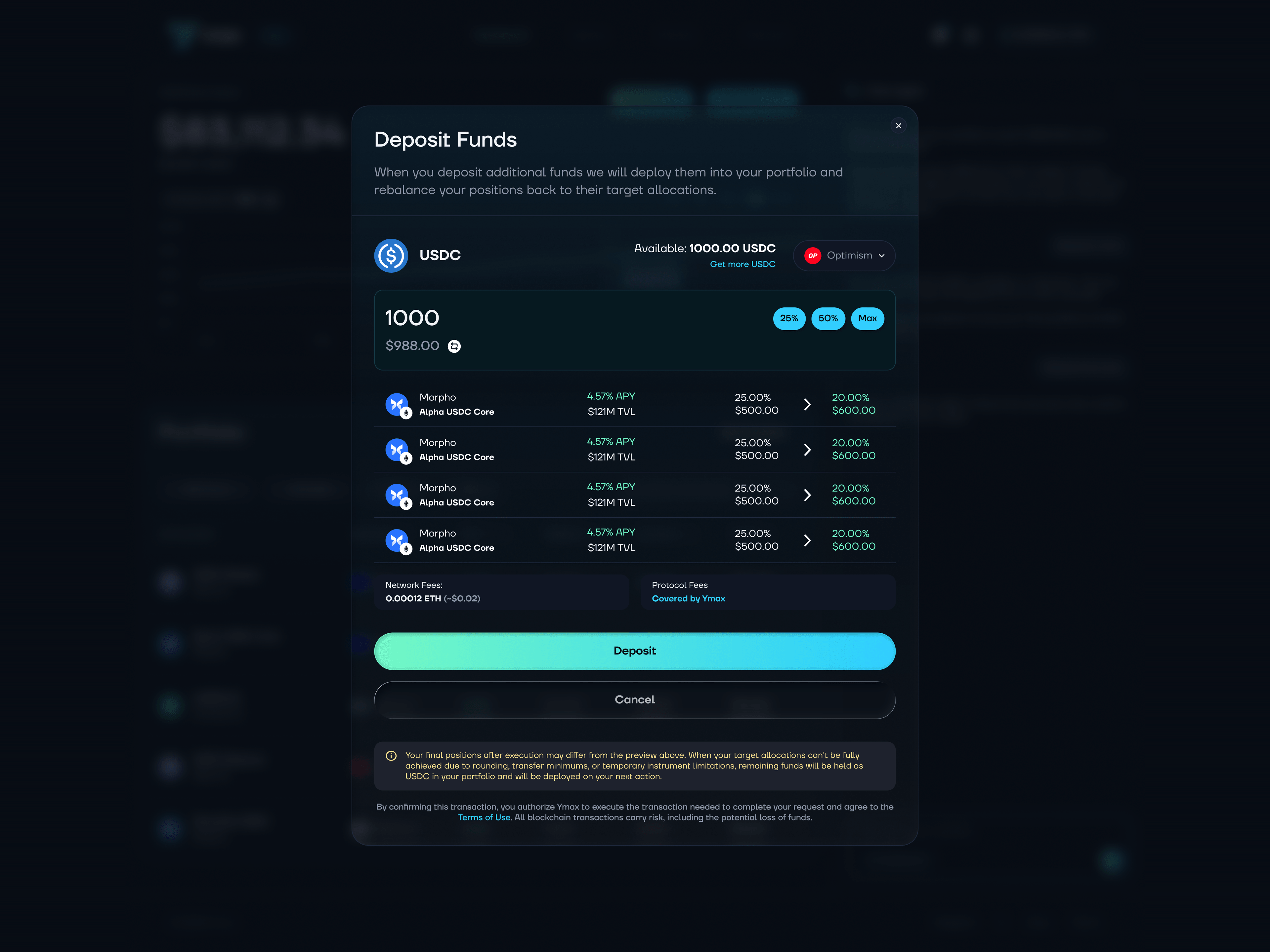 Deposit more funds from the dashboard, rebalanced to target allocations