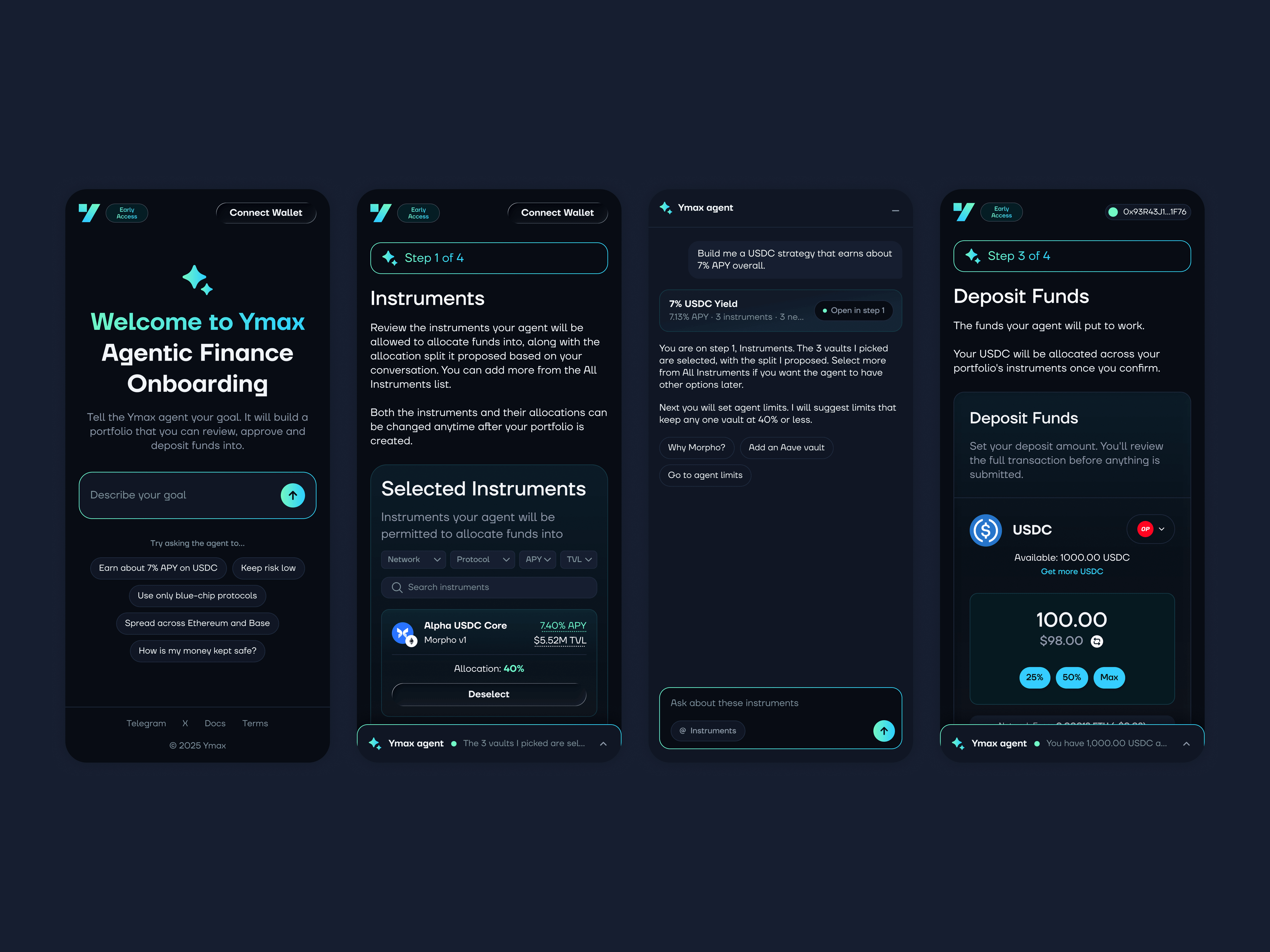 Mobile onboarding — set a goal, review instruments, chat with the agent, deposit funds