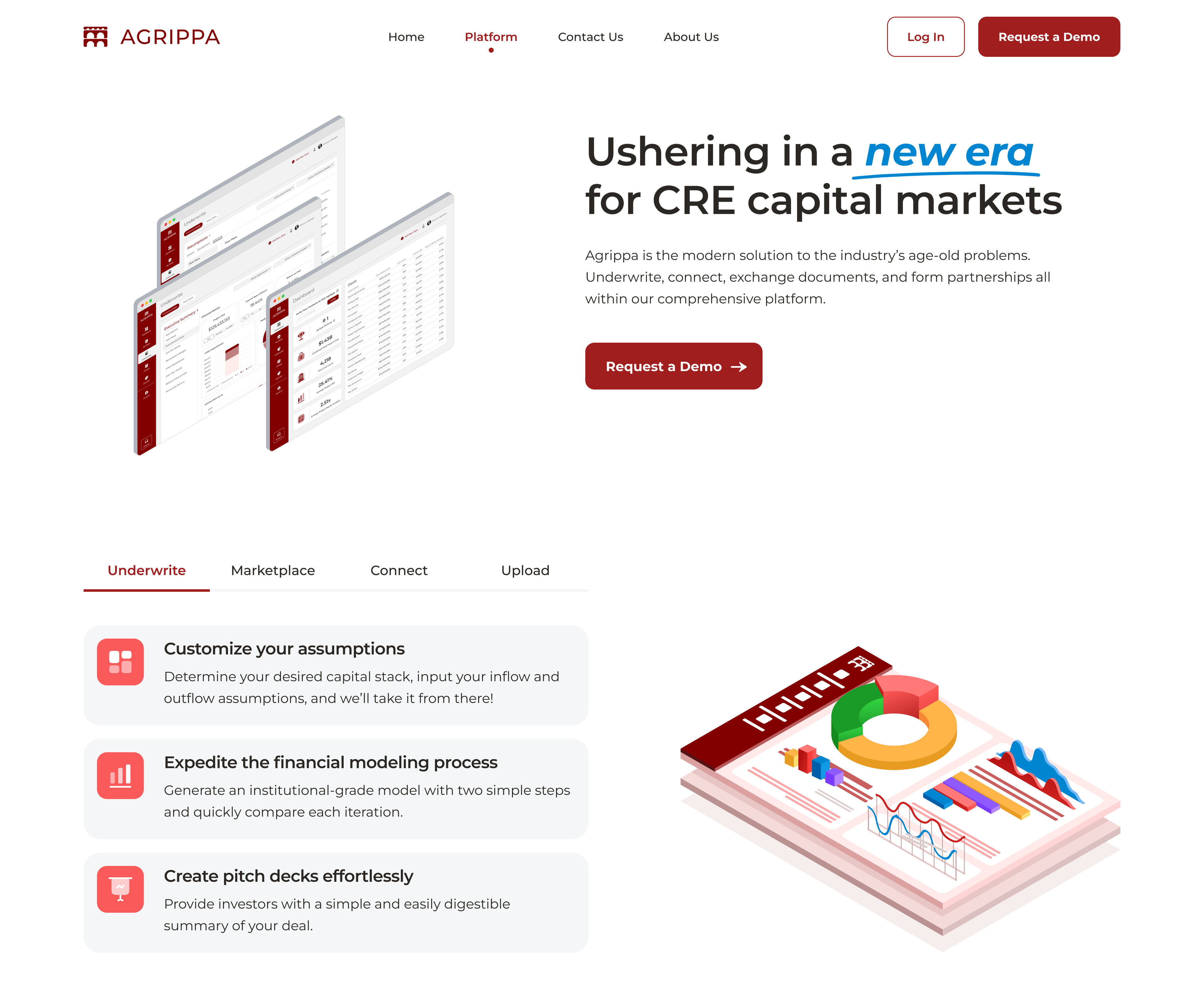The platform page — underwrite, connect and upload in one place