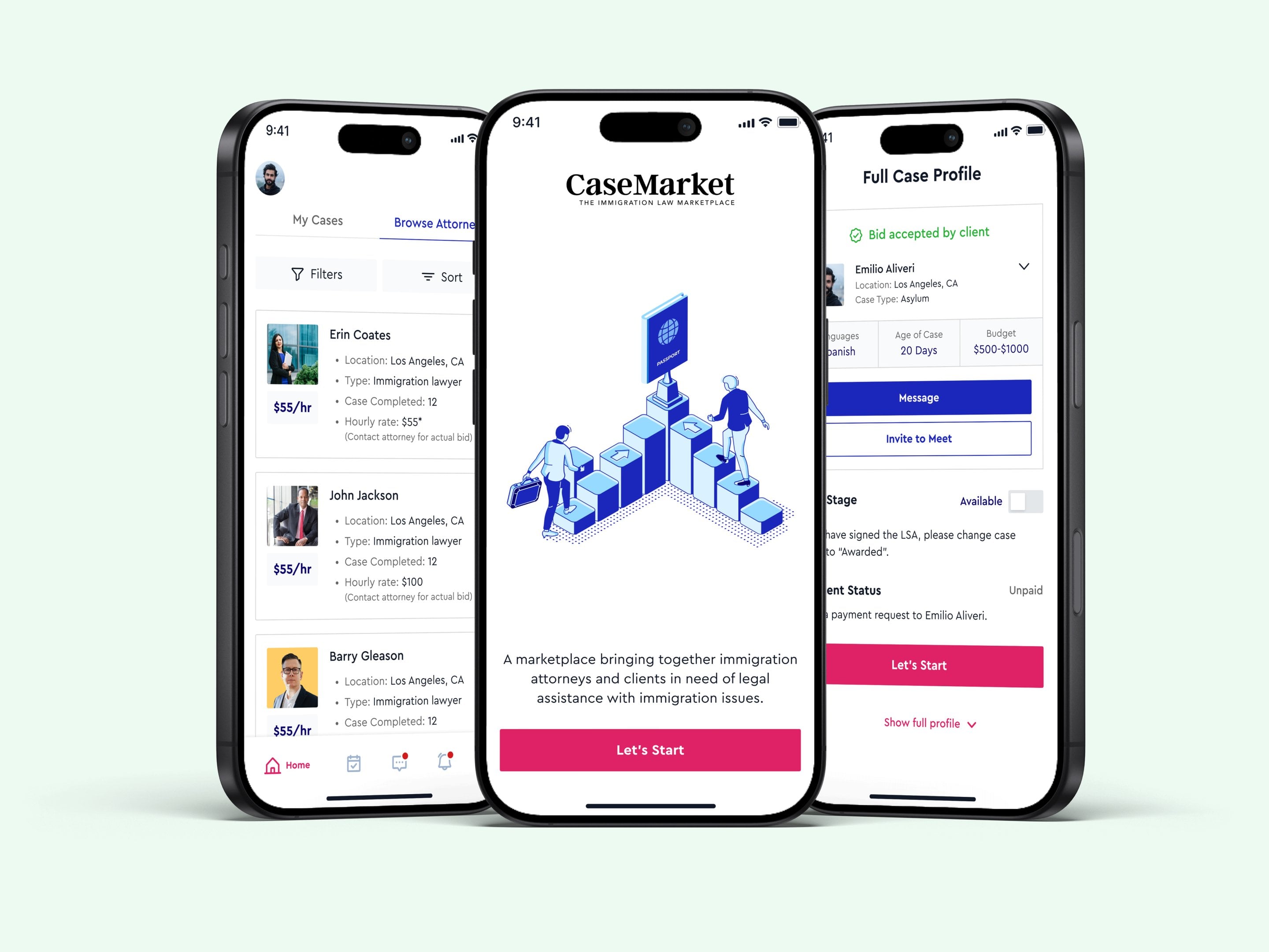 CaseMarket mobile app screens — attorney list, welcome and case profile