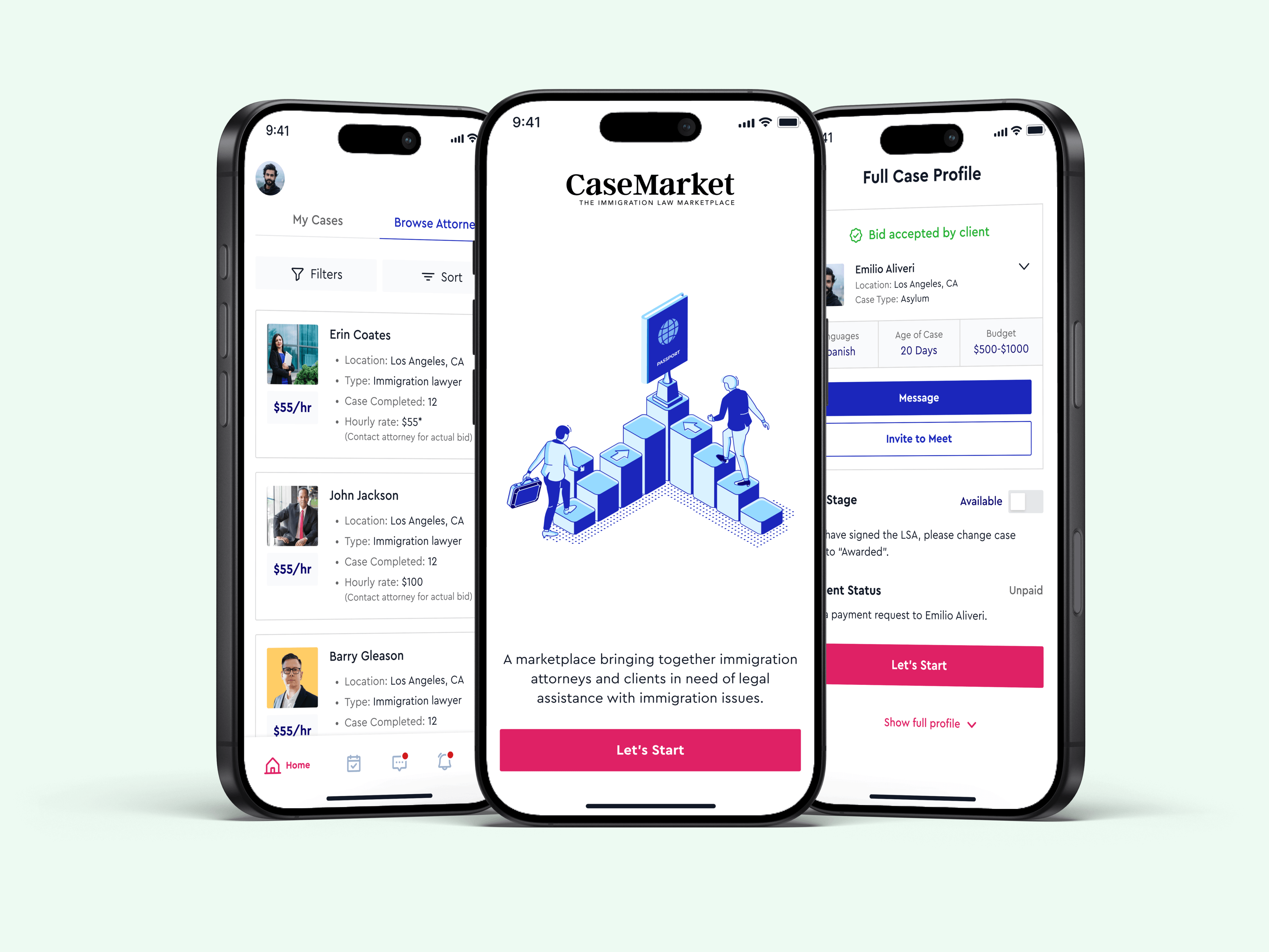 CaseMarket on iPhone — browsing attorneys, the welcome screen and a full case profile
