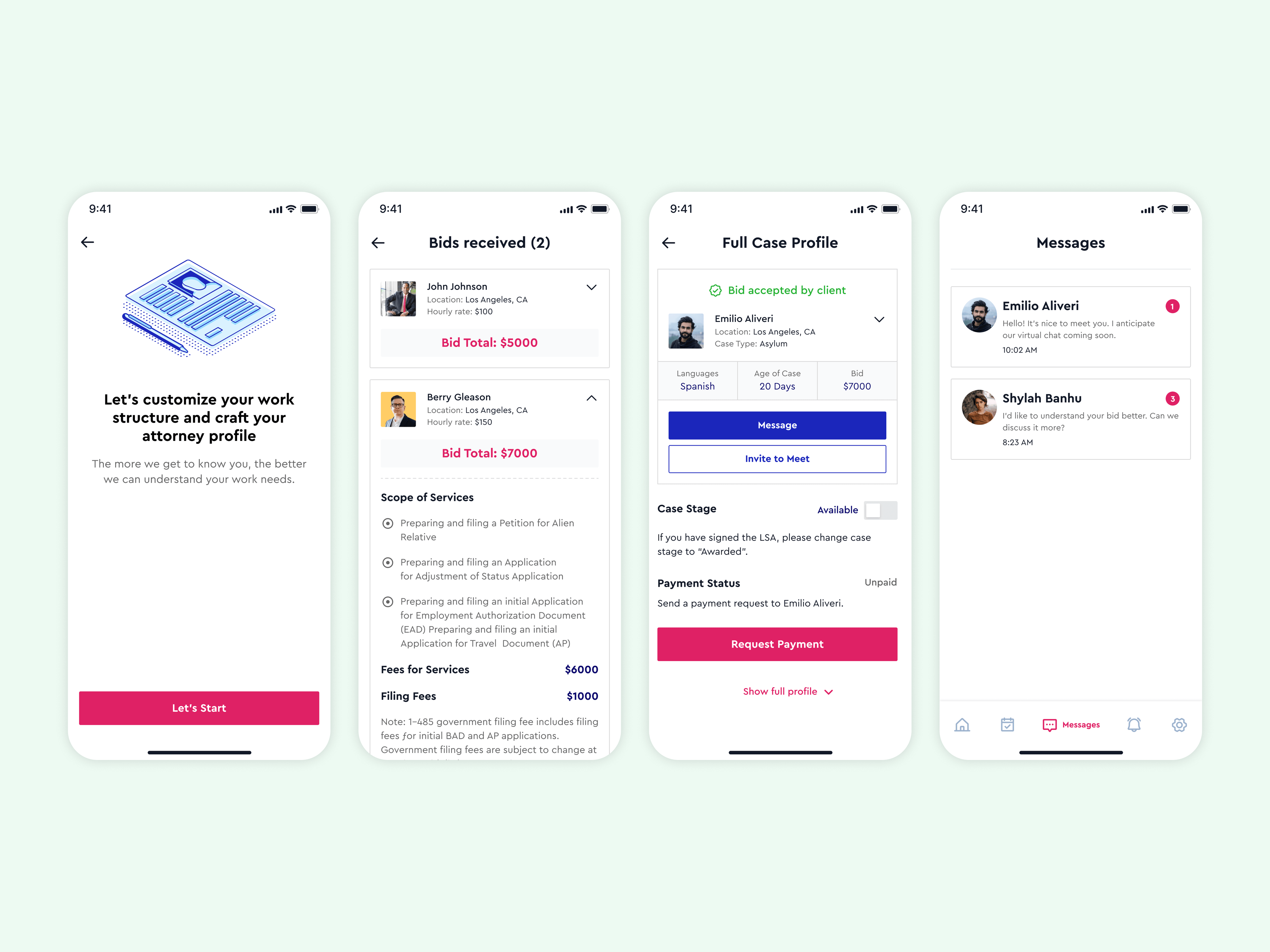 Attorney — onboarding, bids received, a full case profile and messages