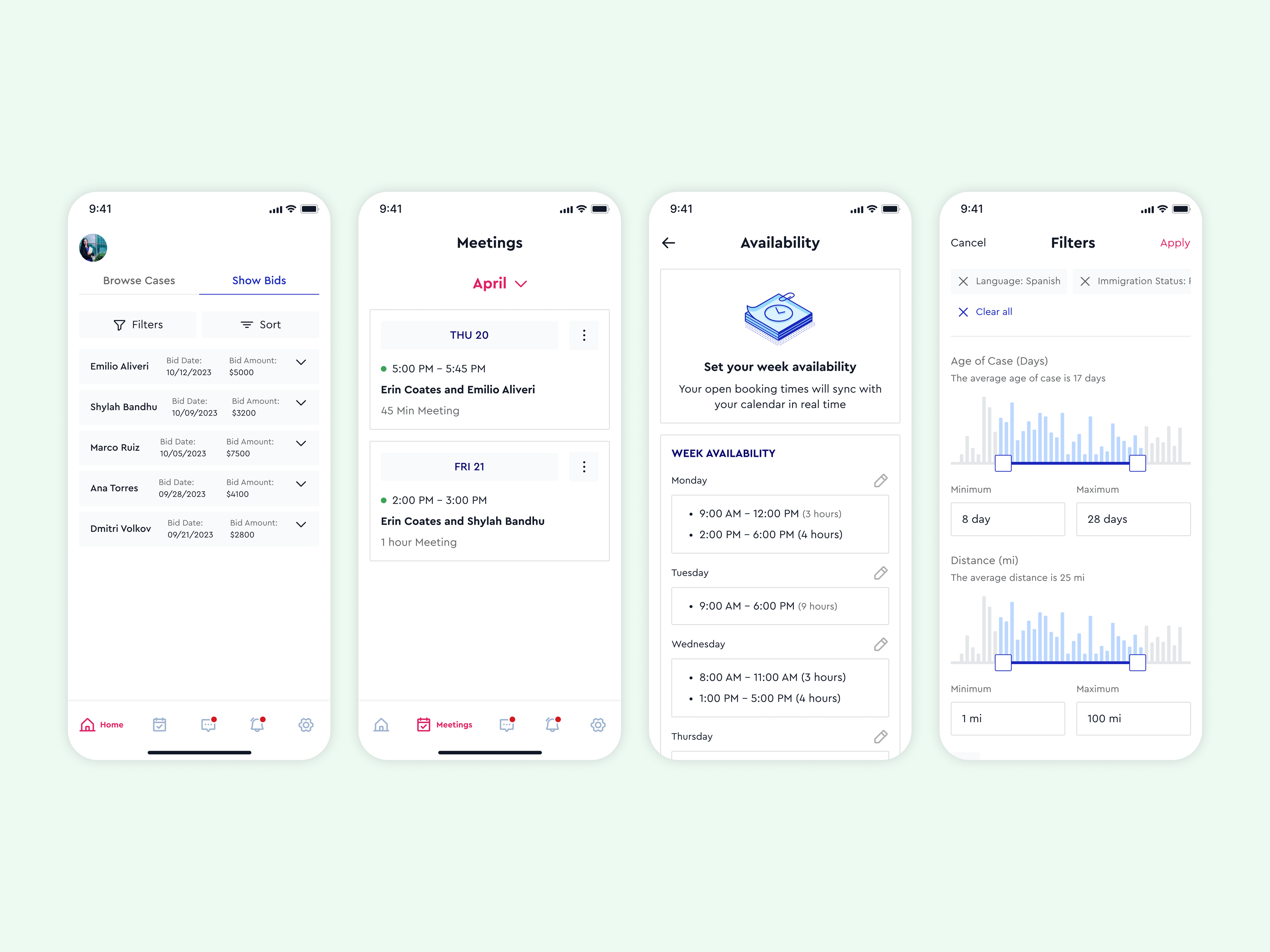 Attorney — showing bids, meetings, availability and filters