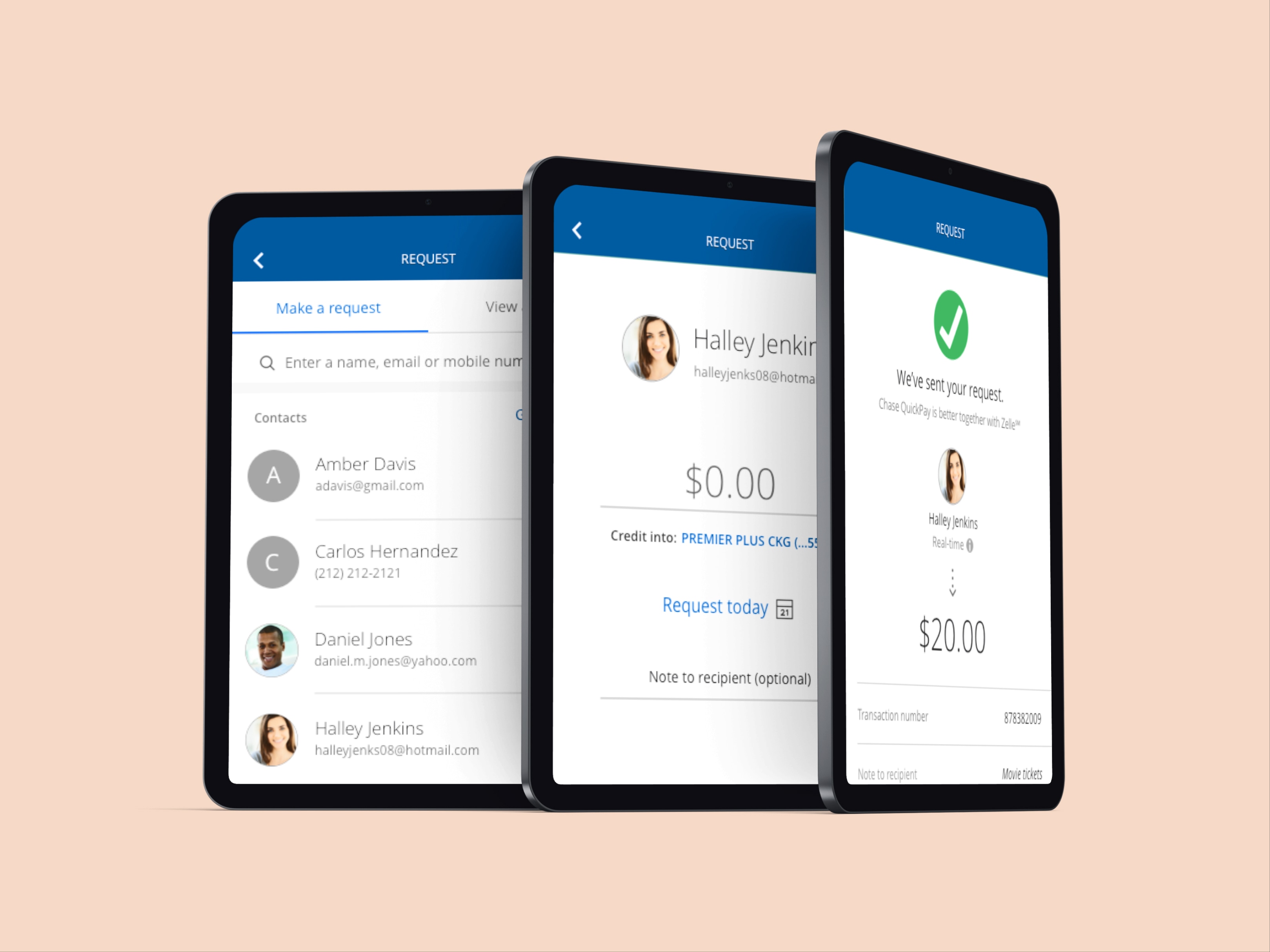 Requesting money — choose a contact, enter an amount and send the request