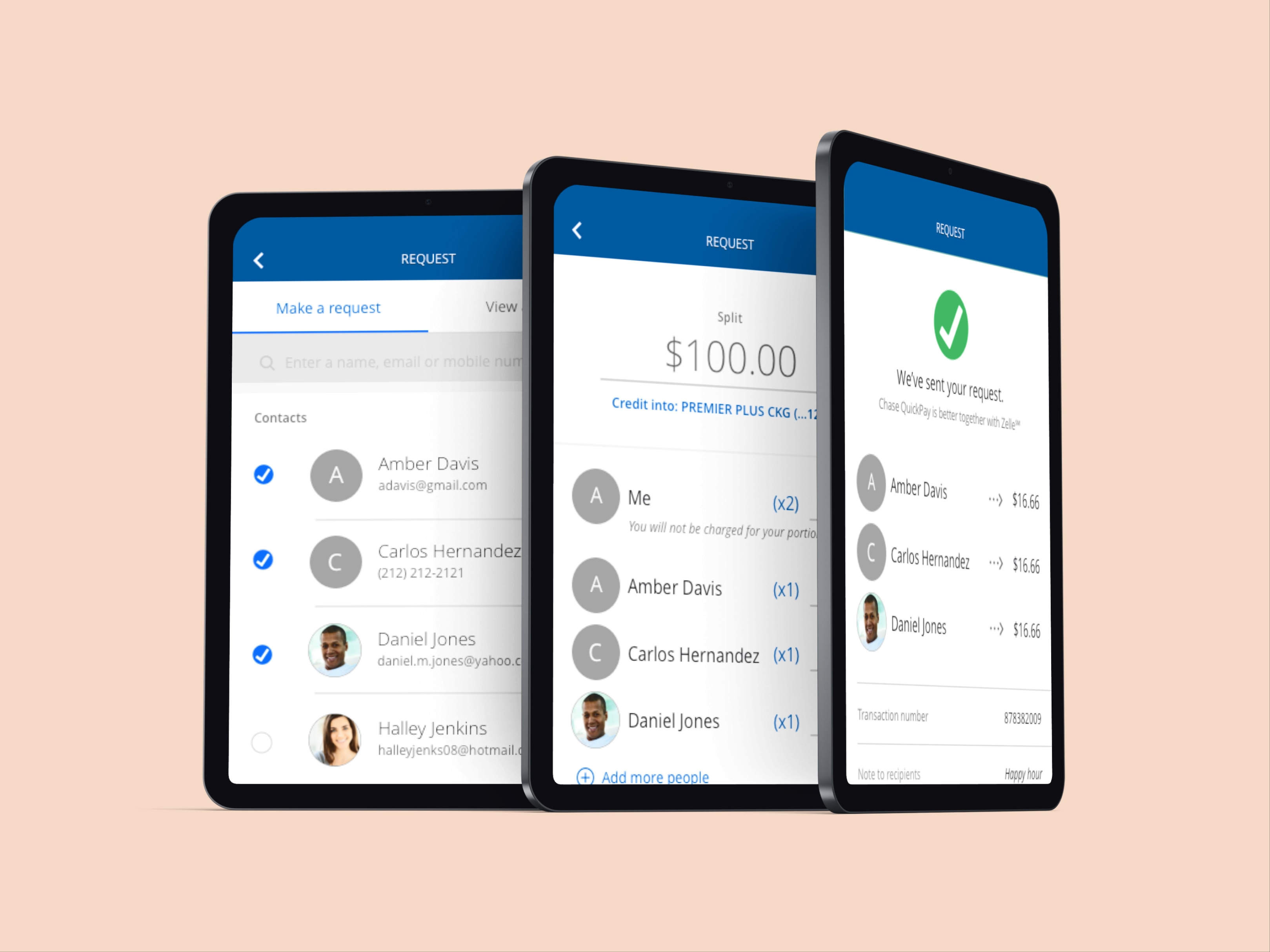Group and split requests — select several contacts and split the amount between them