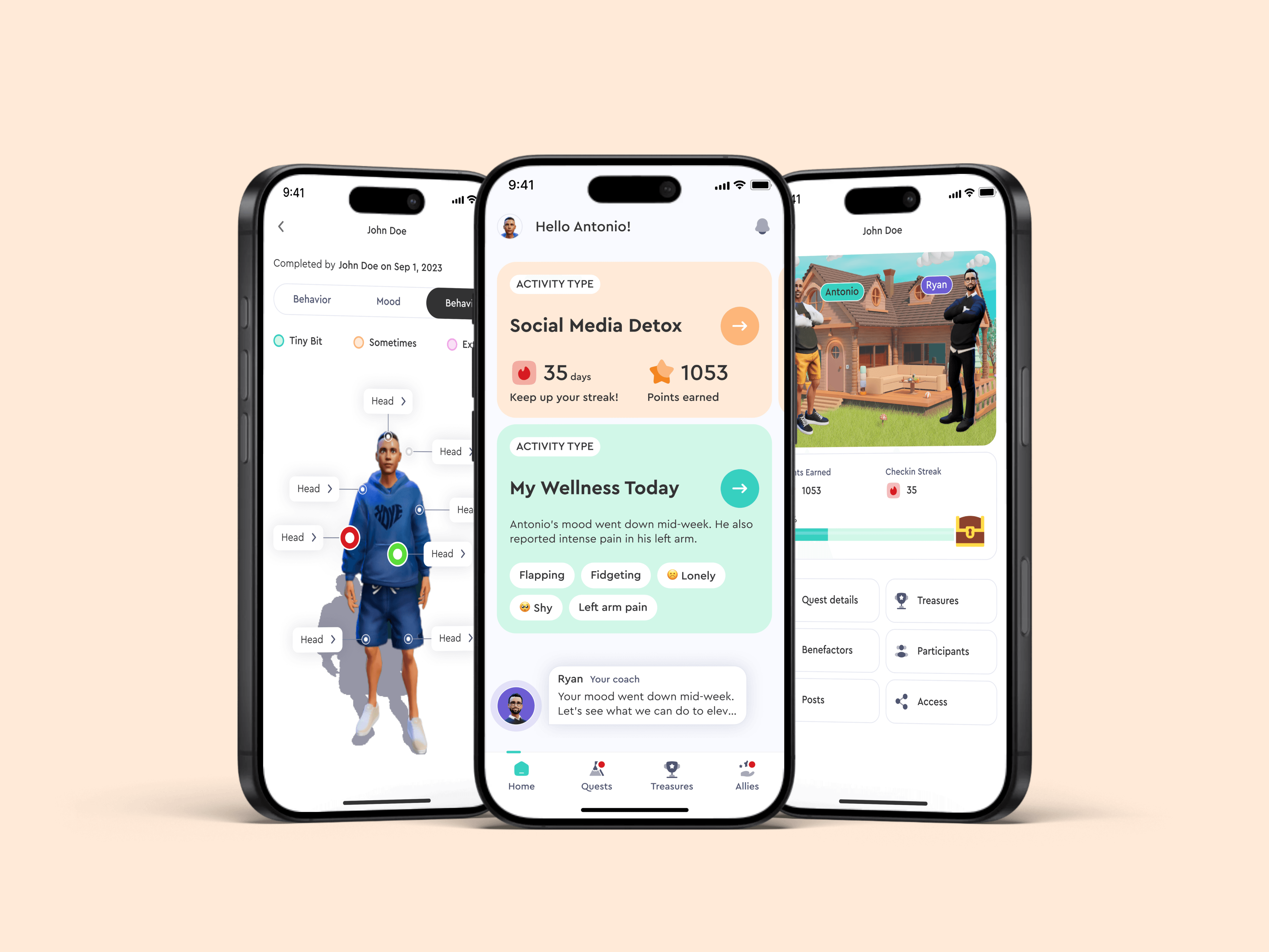 curaJoy on iPhone — a body check-in, the home screen and quests