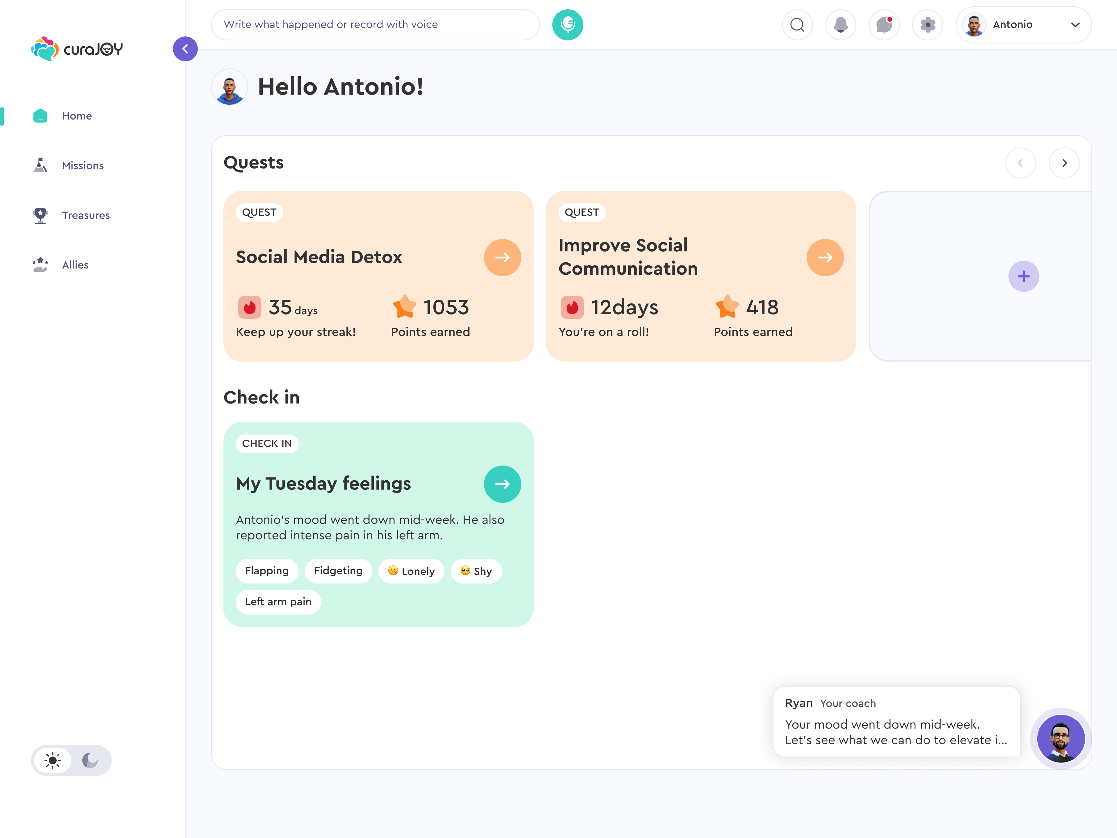 The desktop home — quests and check-ins