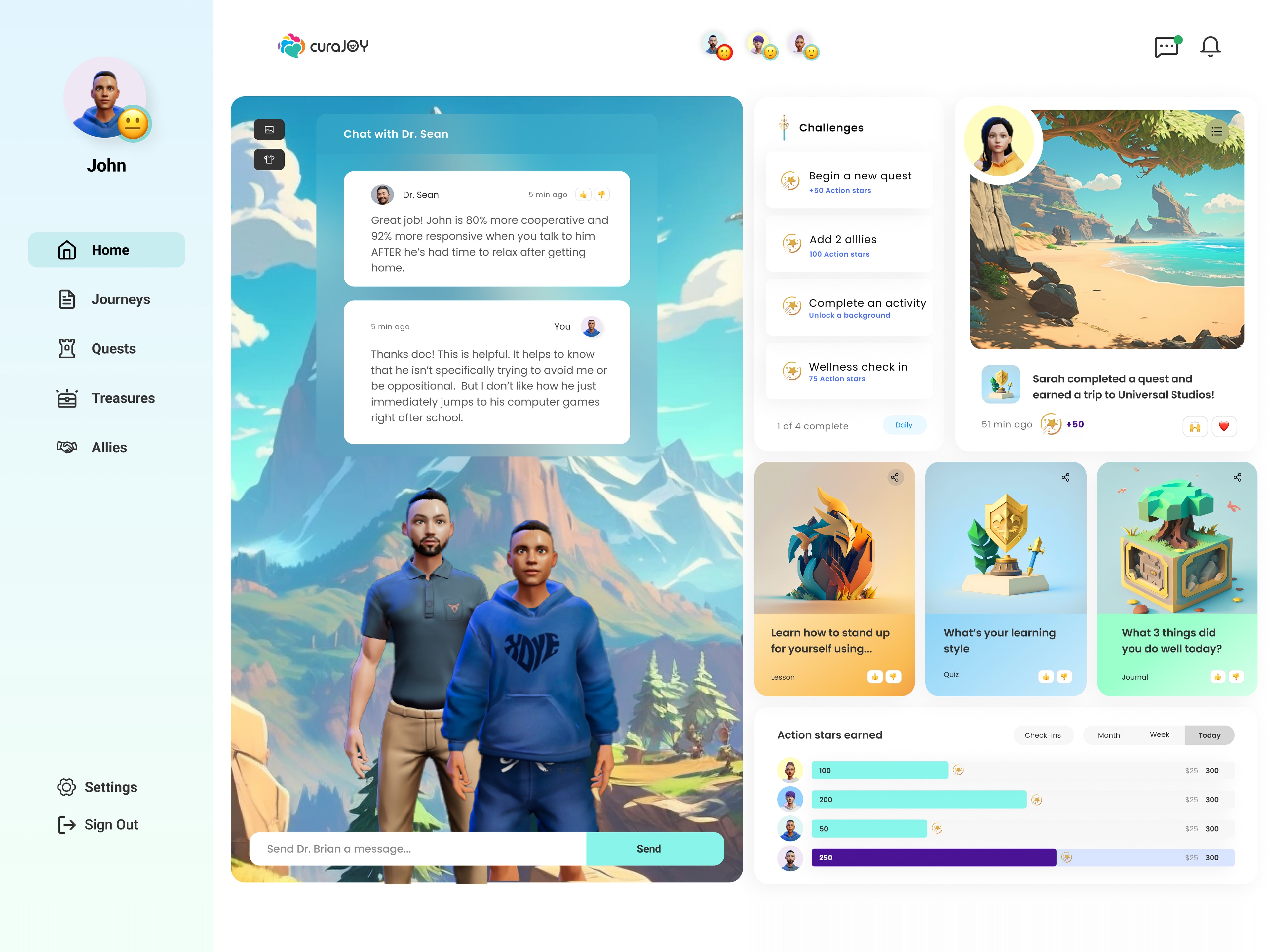 The youth dashboard — a chat with a counselor, challenges and activities