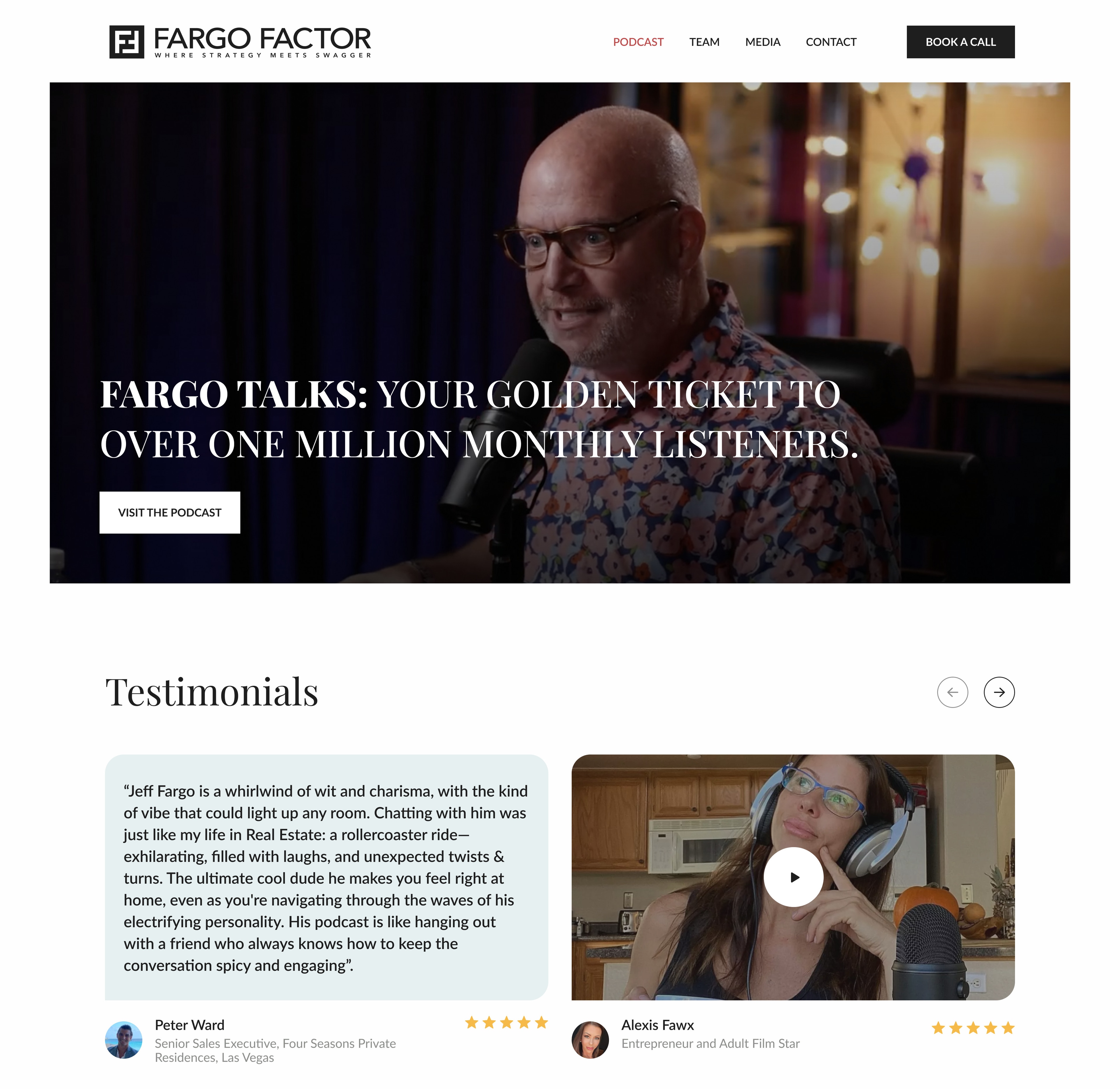 The Fargo Talks podcast page with testimonials