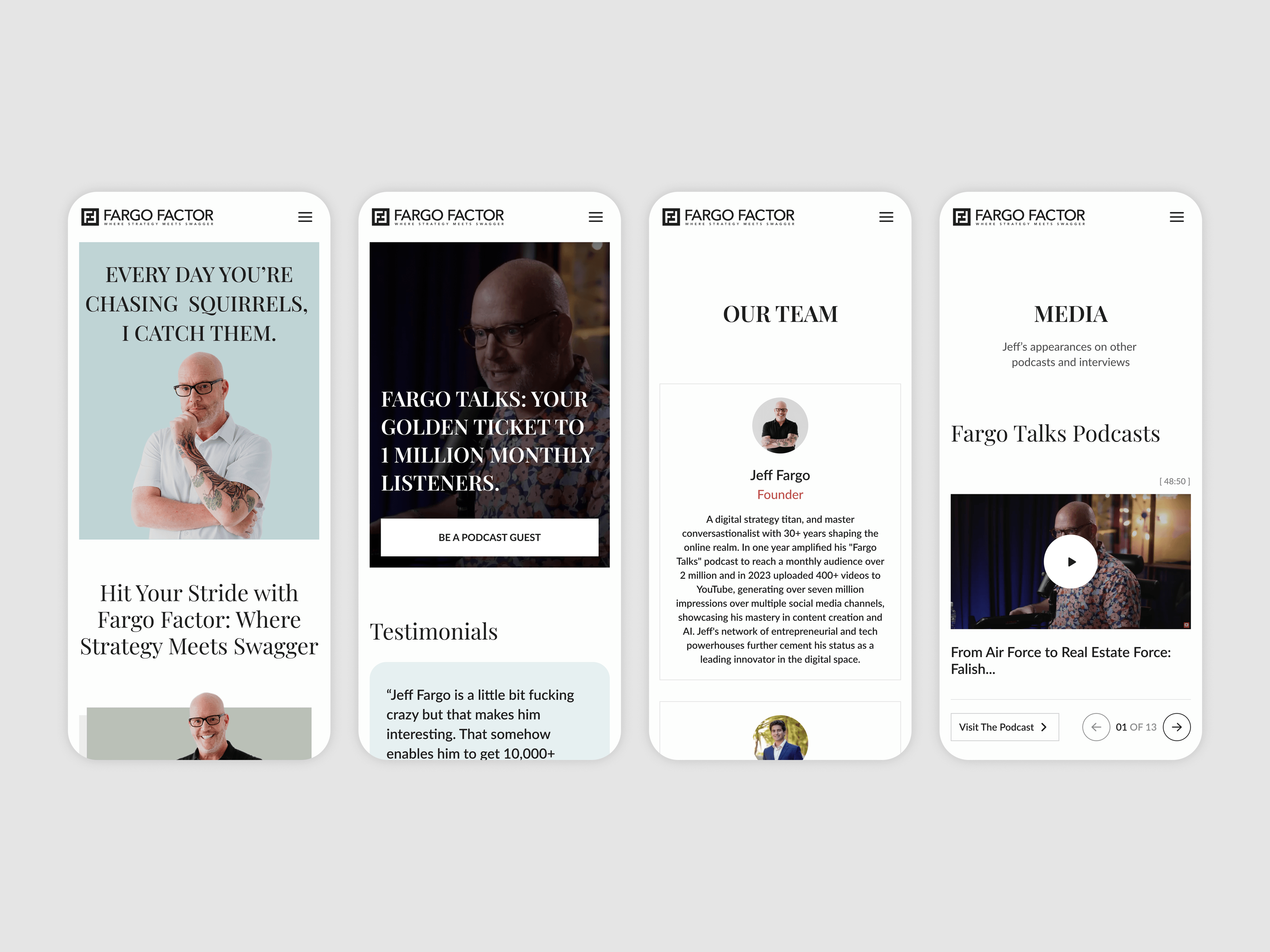 Fargo Factor on mobile — home, podcast, team and media