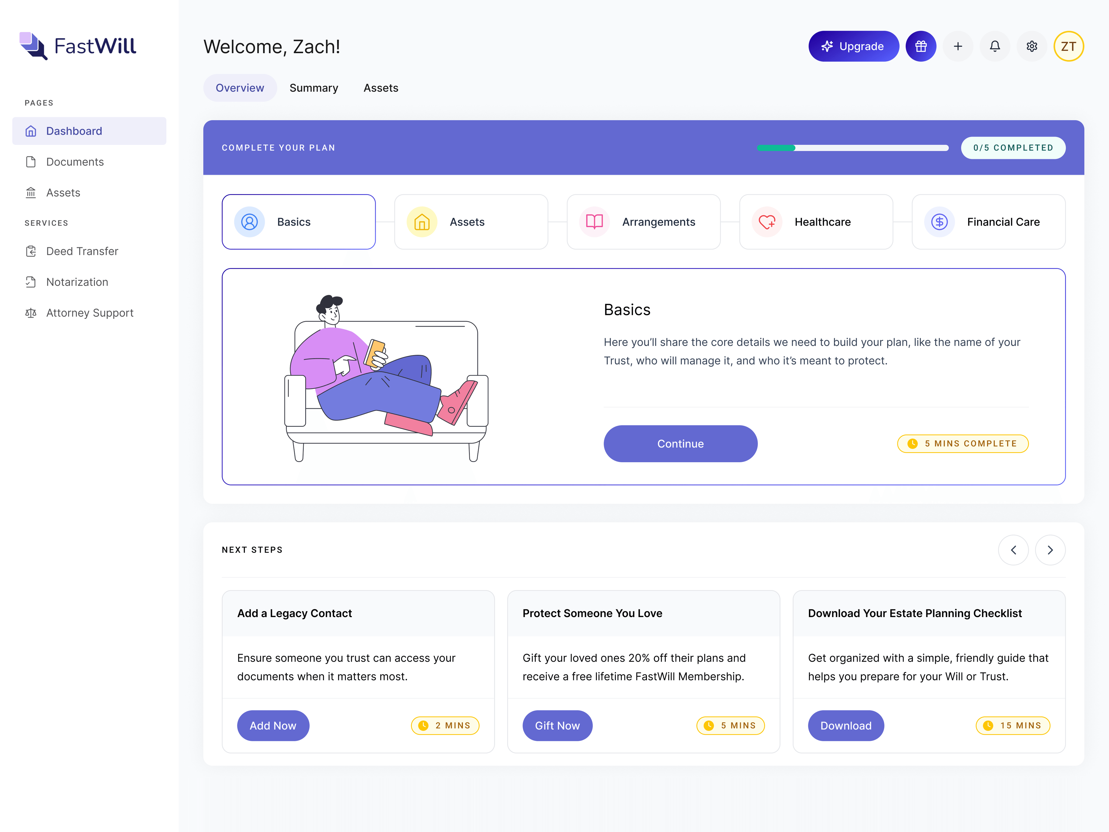 Dashboard — complete your plan, starting with the basics
