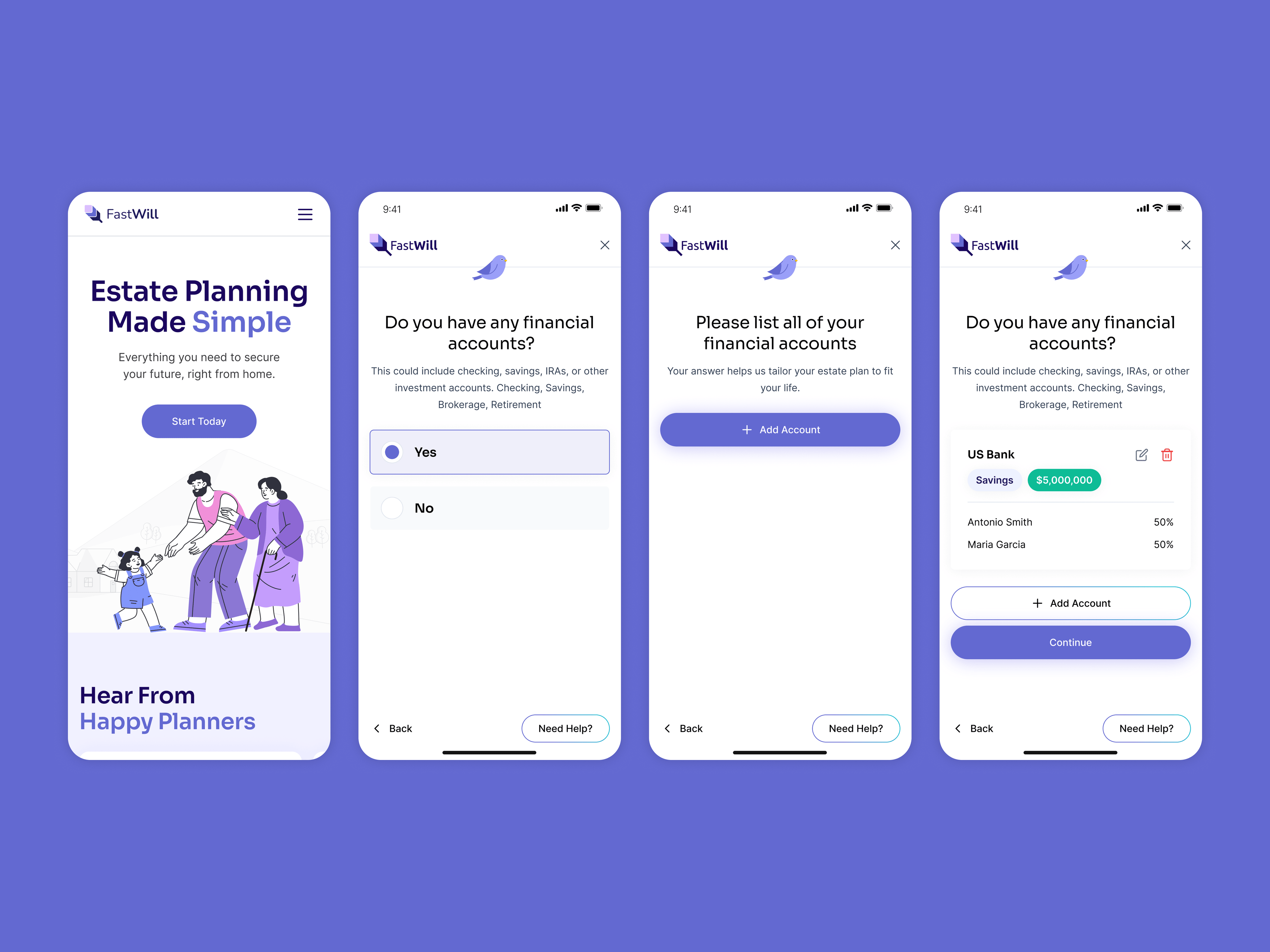 FastWill on mobile — landing and onboarding for financial accounts and property