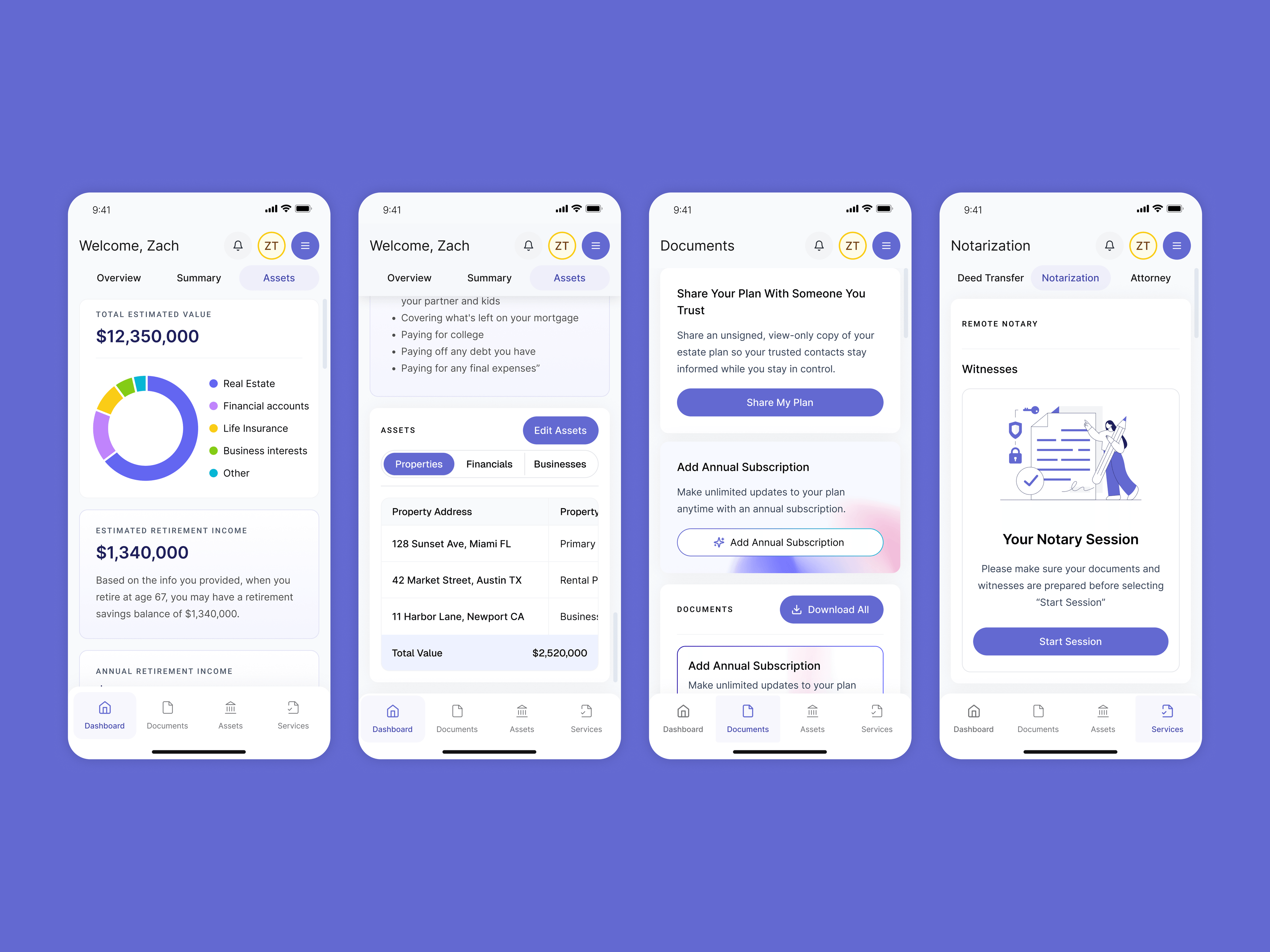 FastWill on mobile — assets, properties, documents and notary session