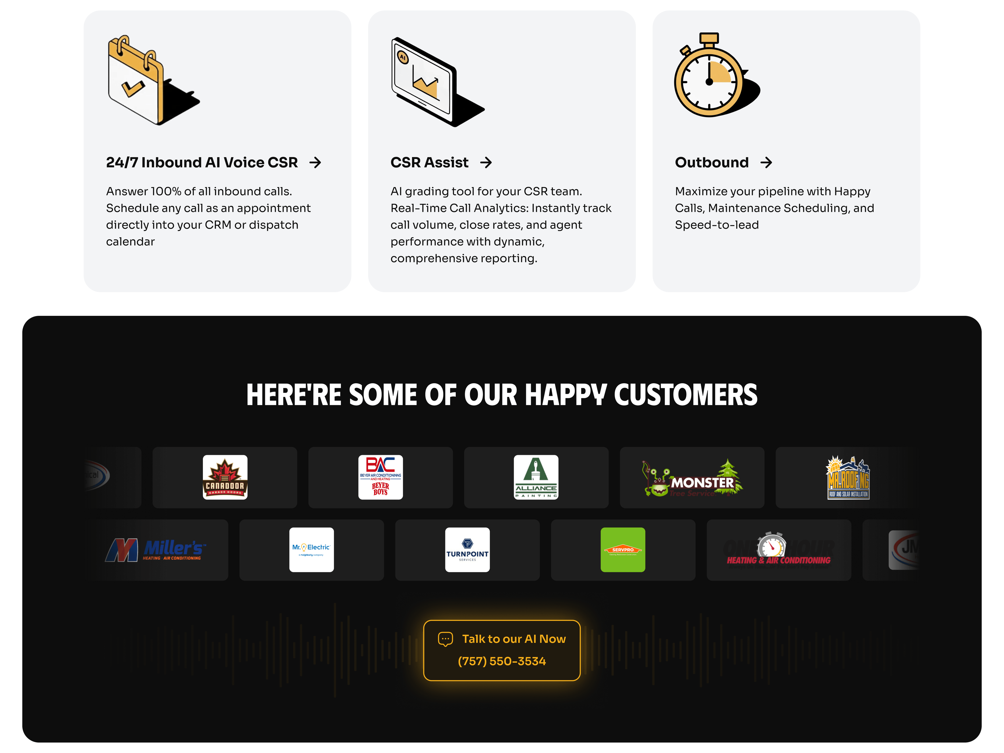 Inbound AI voice CSR, CSR Assist and Outbound, above a wall of happy home service customers