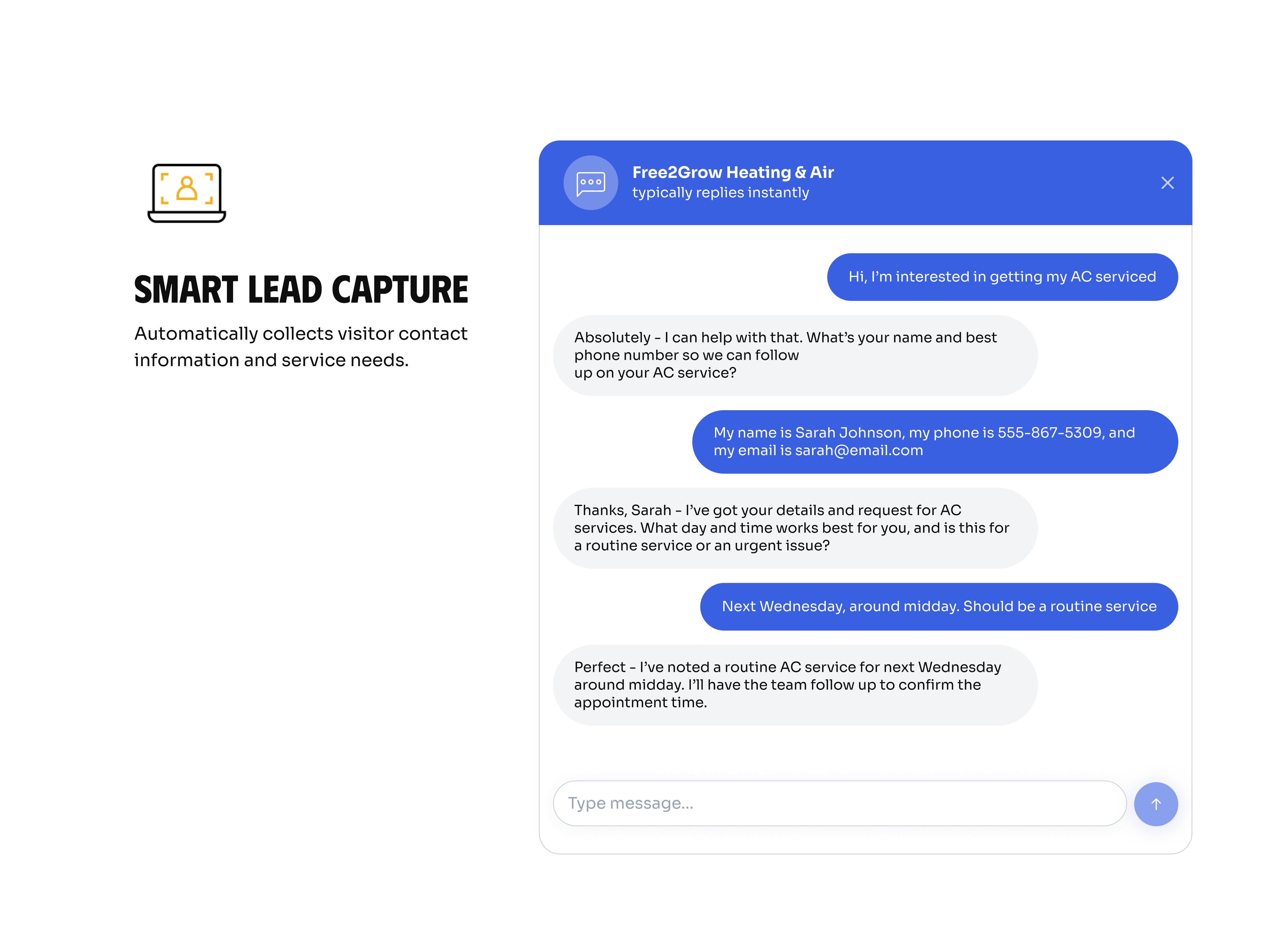Smart lead capture — the chat collects a visitor's contact details and service needs