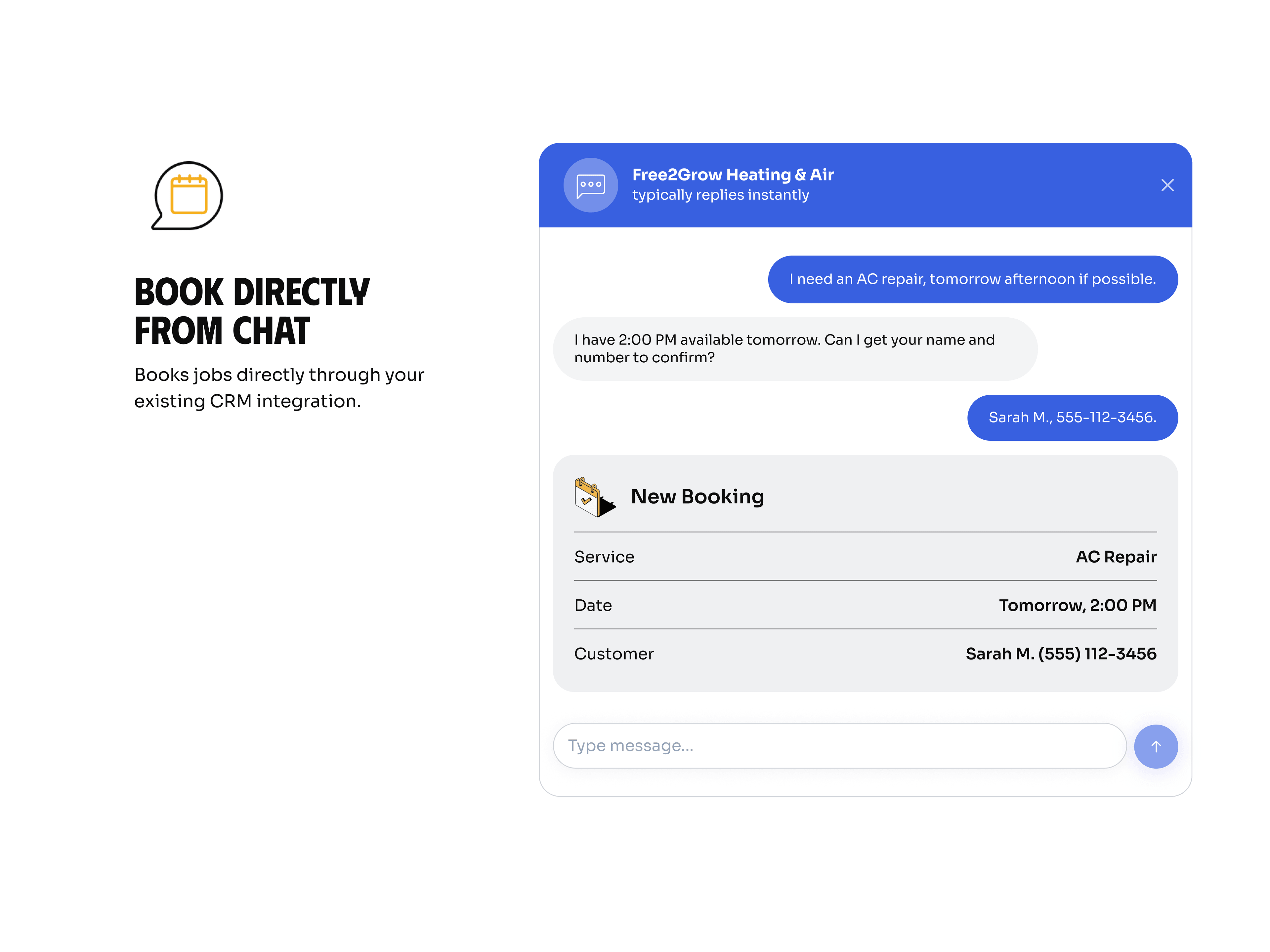 Booking a job directly from chat, synced to the CRM