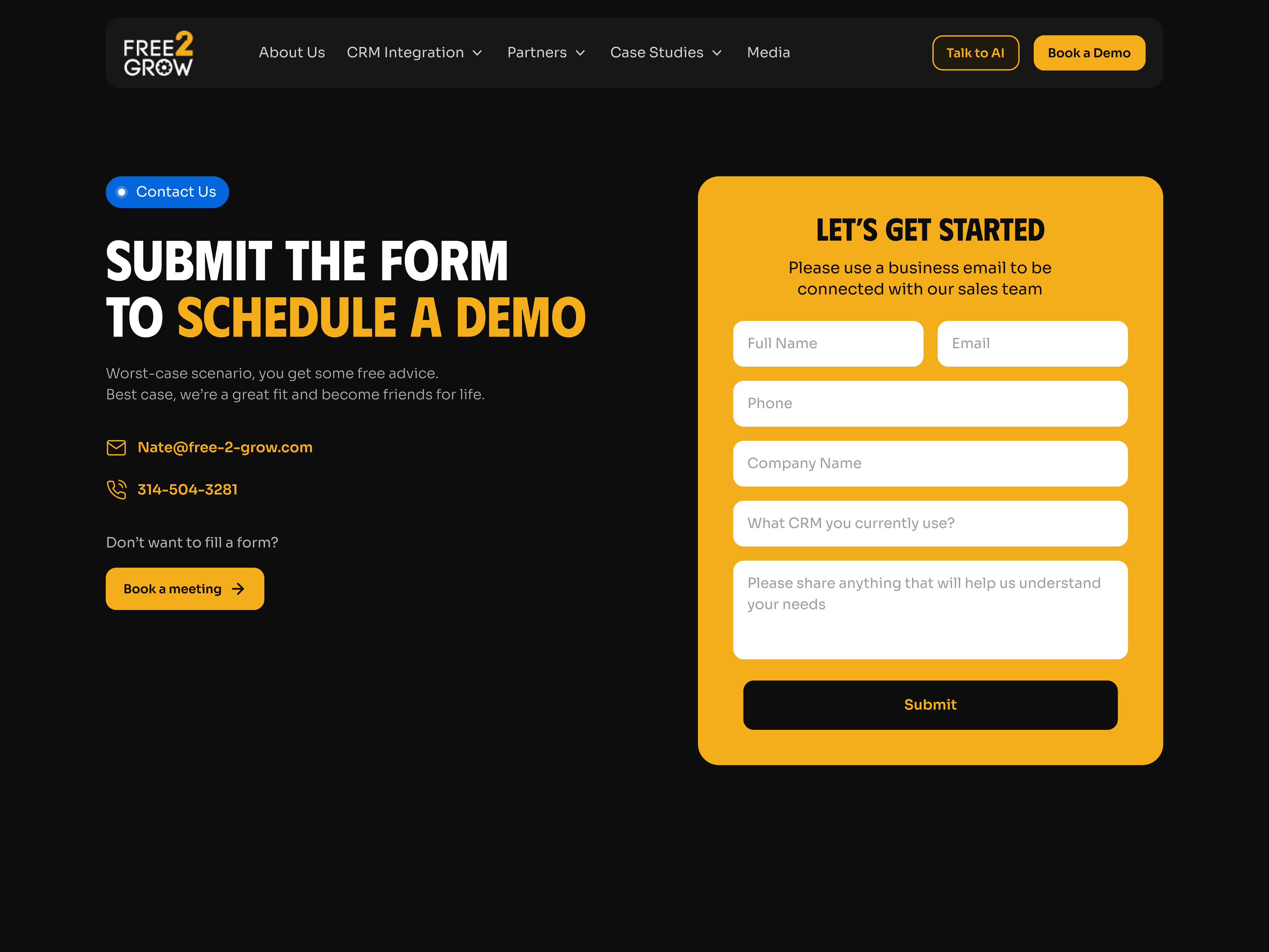 Contact page — submit the form to schedule a demo