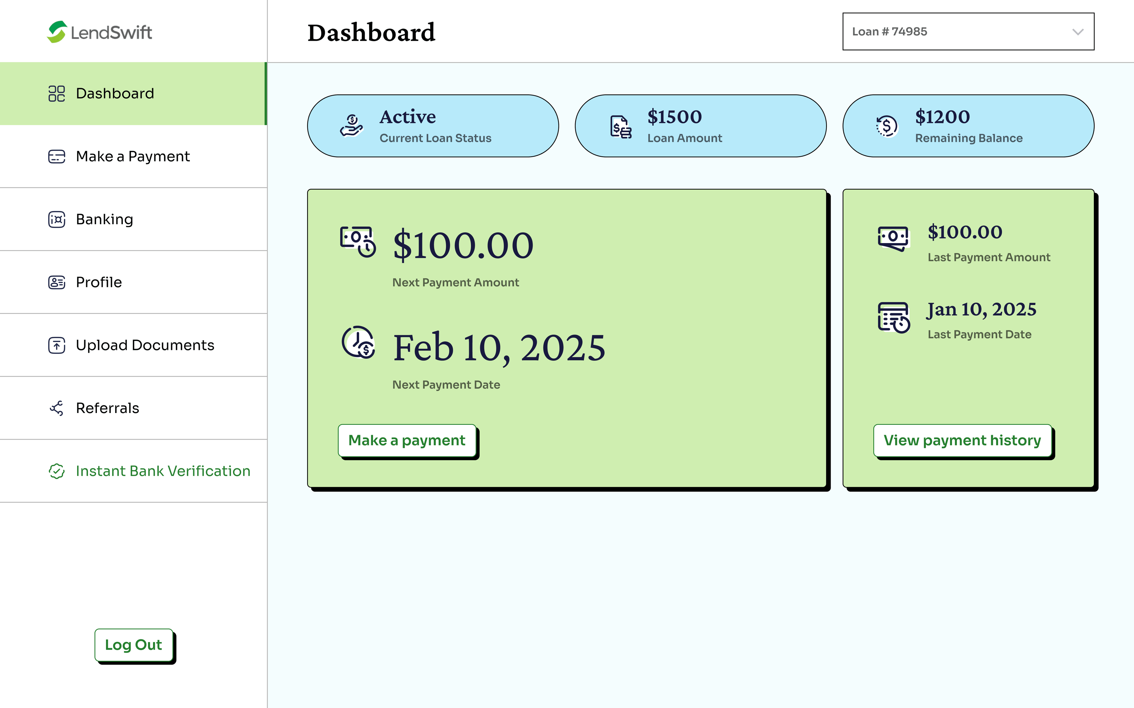The member dashboard — loan status, next payment and payment history