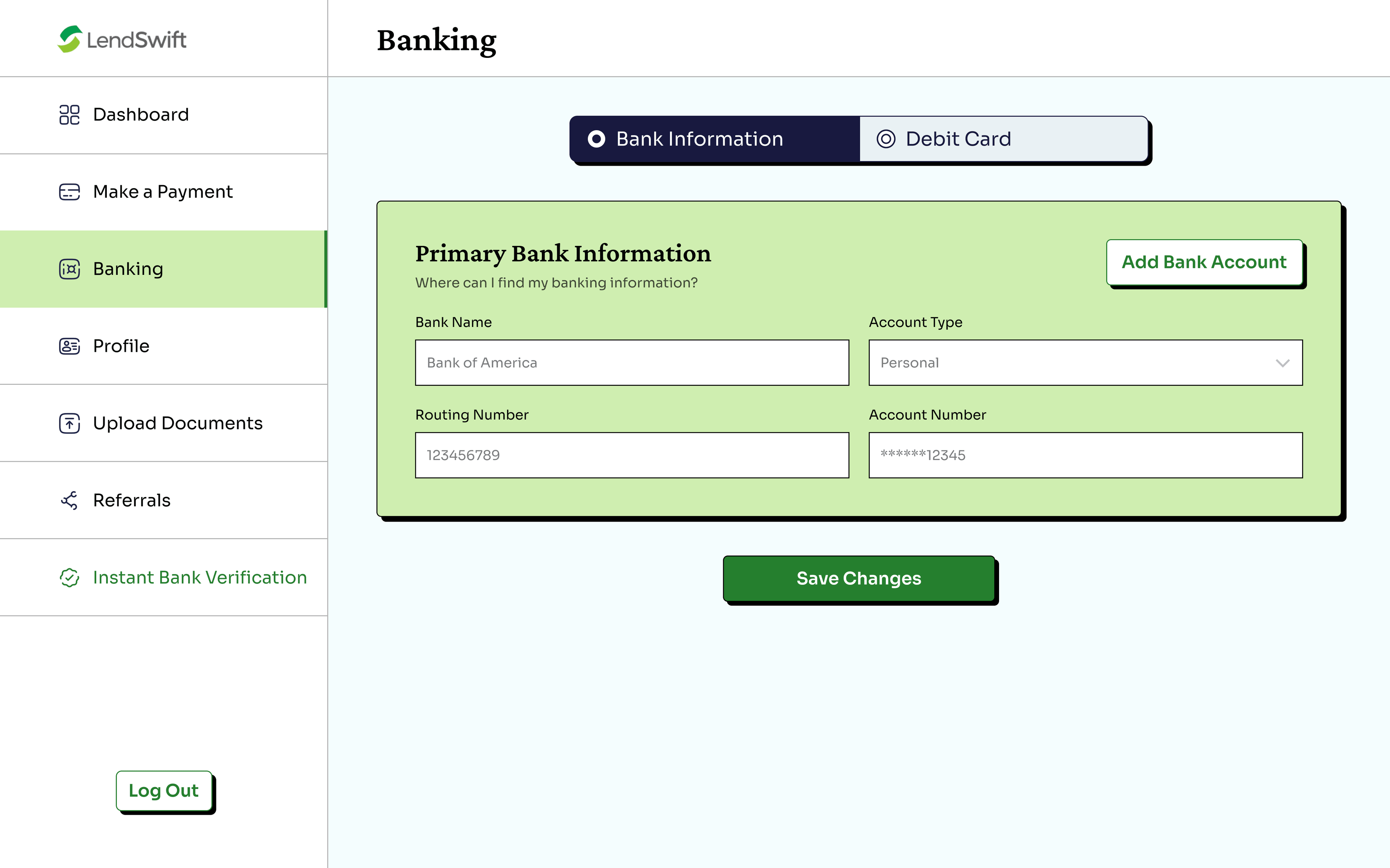 Banking — primary bank account details