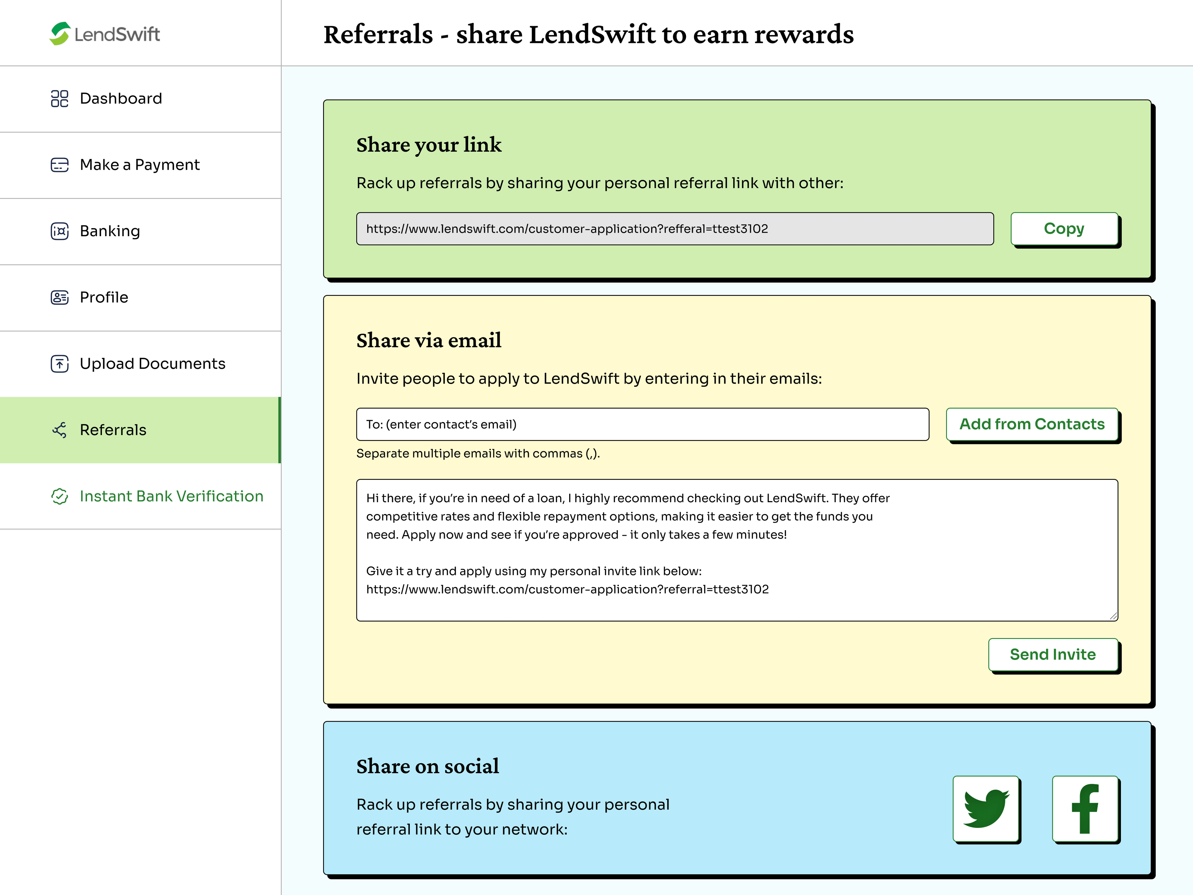 Referrals — share LendSwift by link, email or social