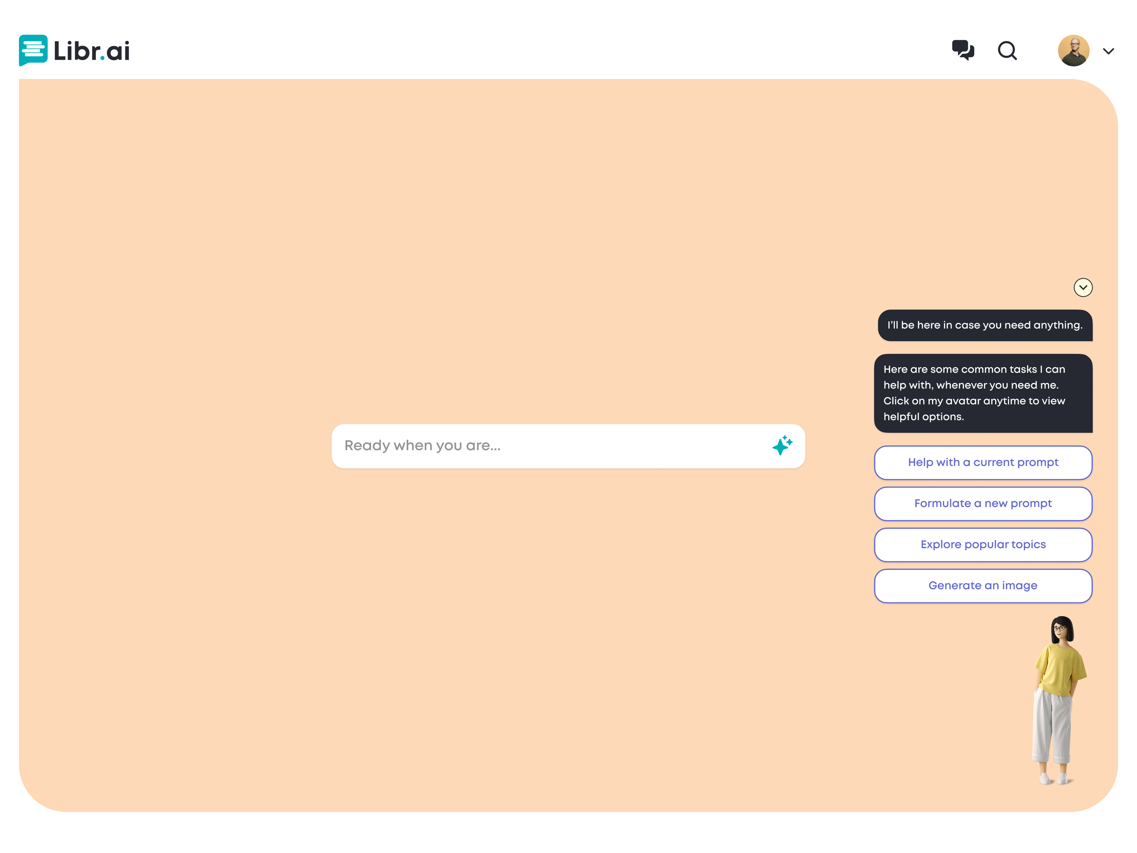 Paige's help menu — improve a prompt, write a new one, explore topics or generate an image