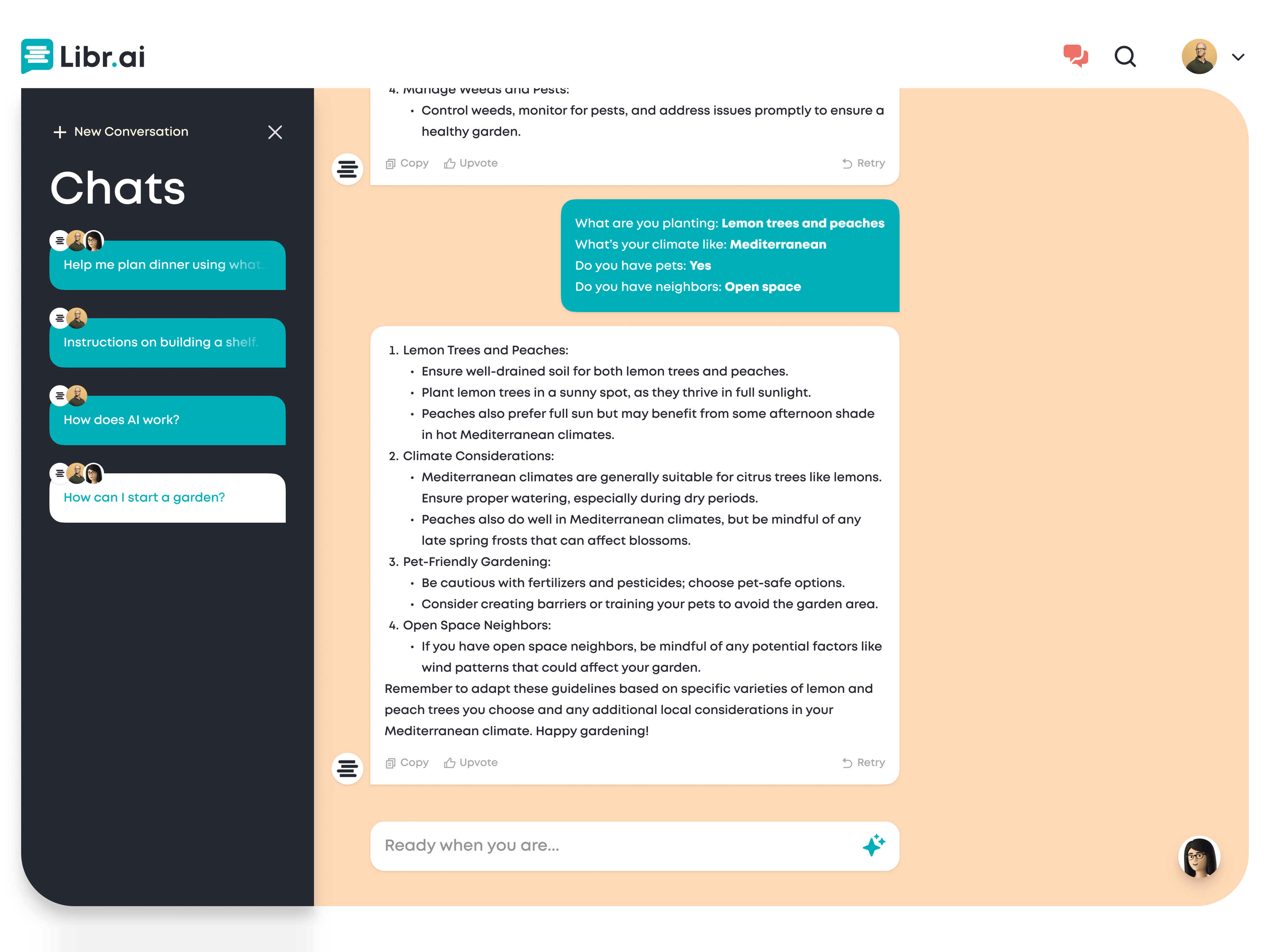 A personalized answer, with past chats in the sidebar