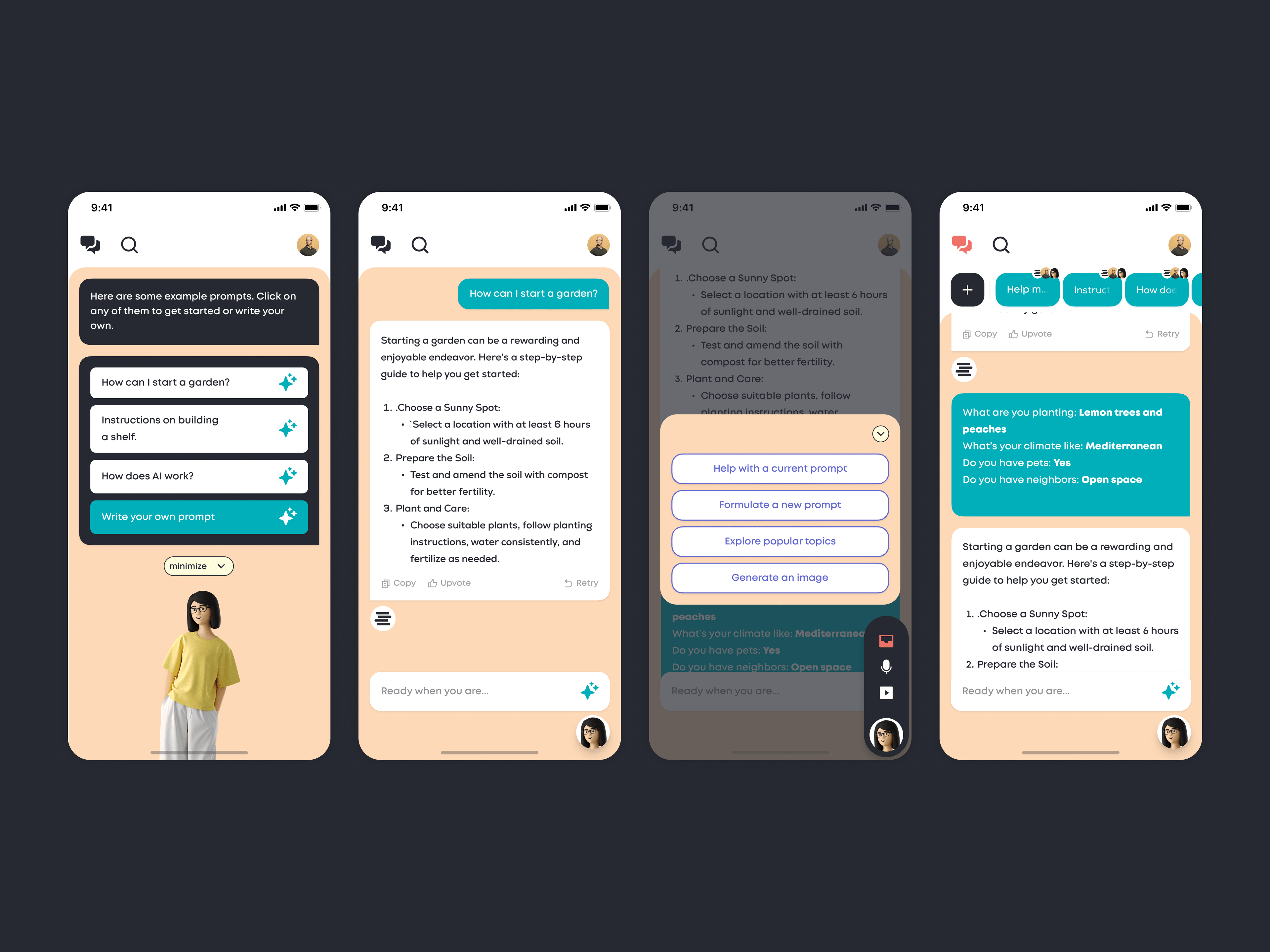Libr AI on mobile — example prompts, answers, Paige's help menu and personalization