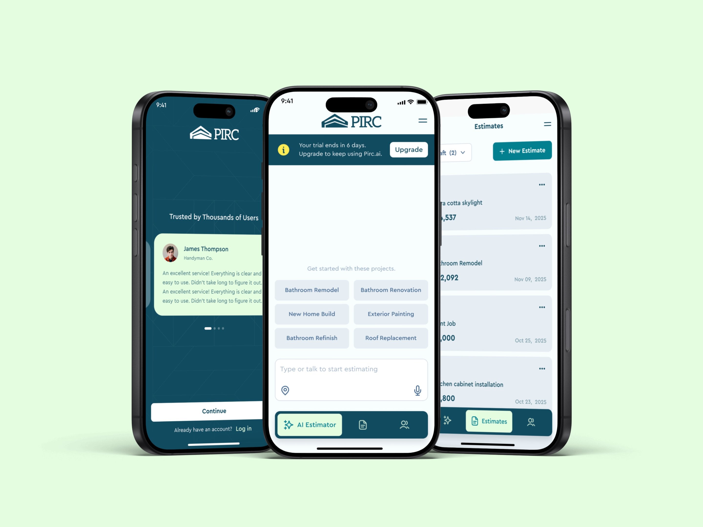 Pirc AI mobile app screens — onboarding, AI estimator and saved estimates