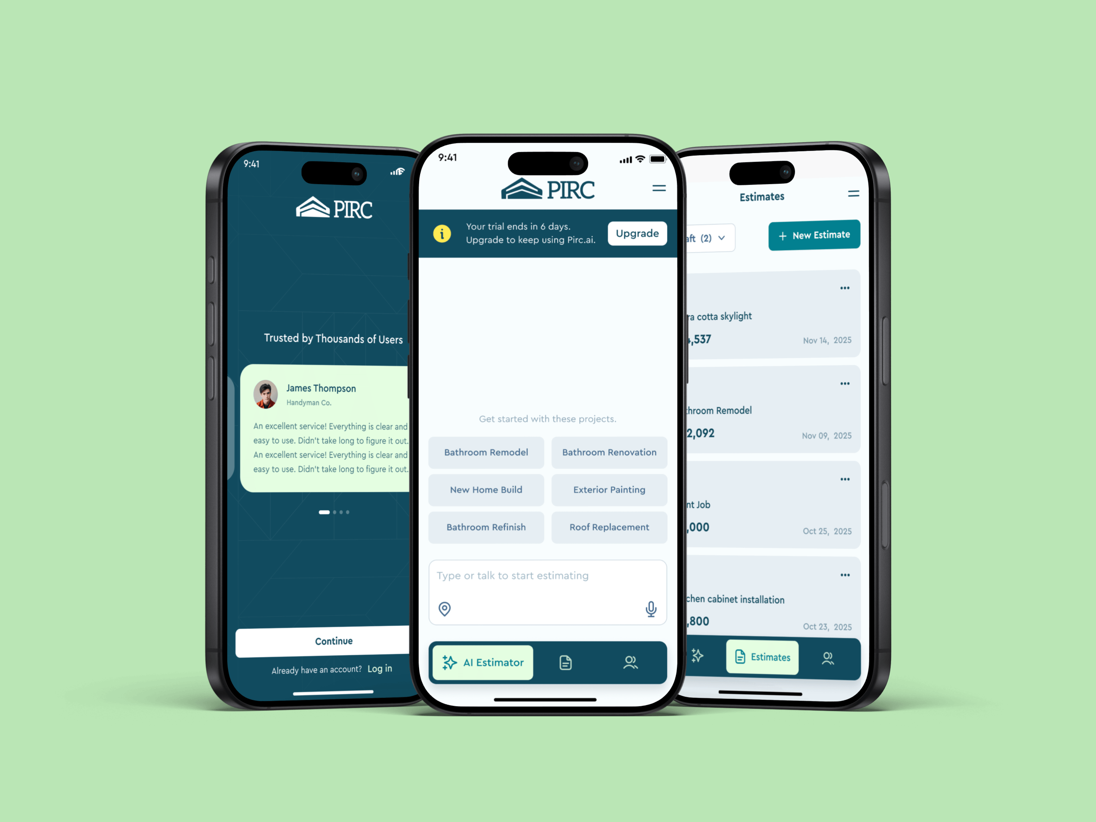 Pirc AI on iPhone — onboarding, the AI estimator and saved estimates