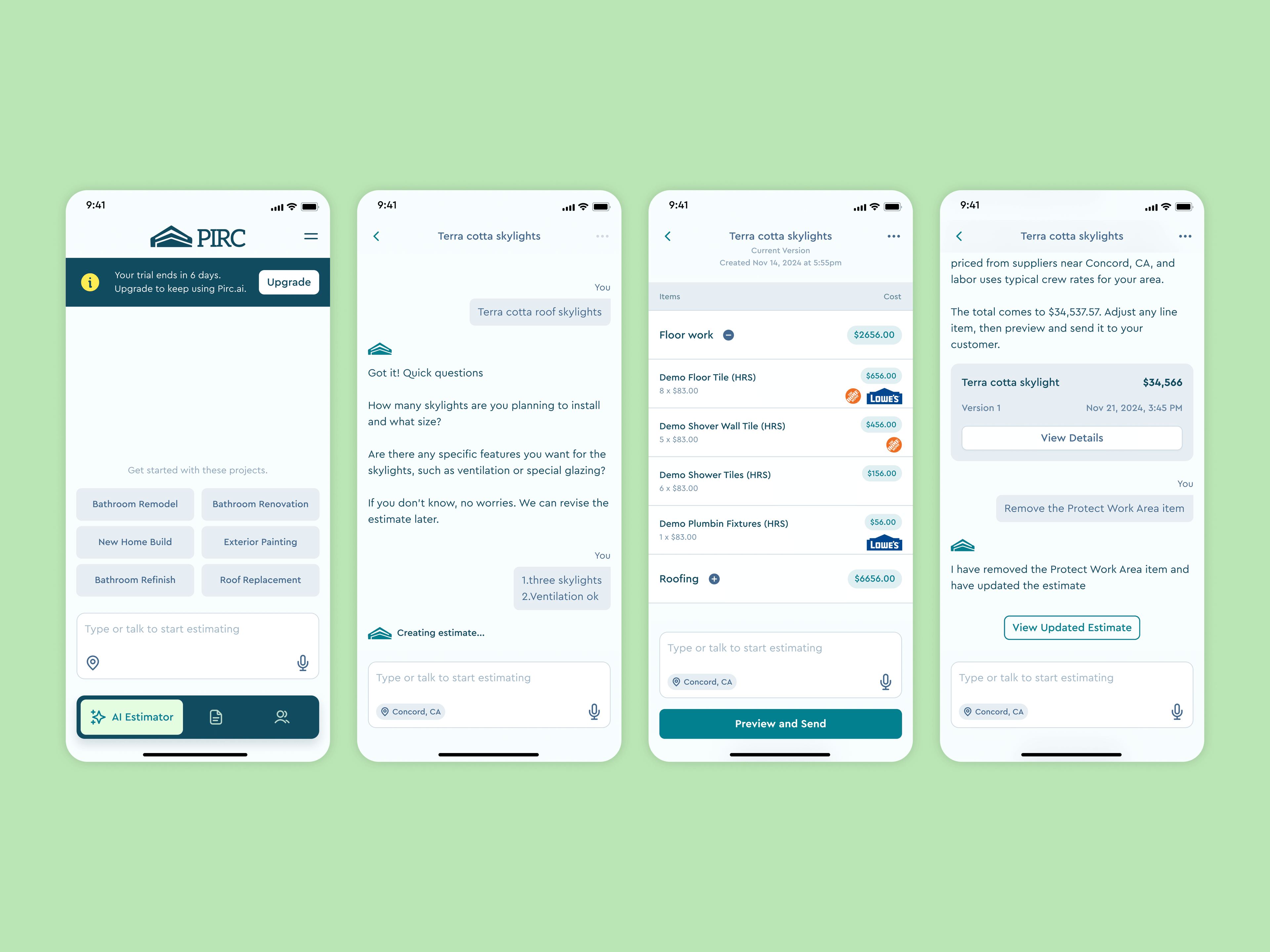 Describing a job to the AI estimator, which asks follow-up questions and builds an itemized estimate