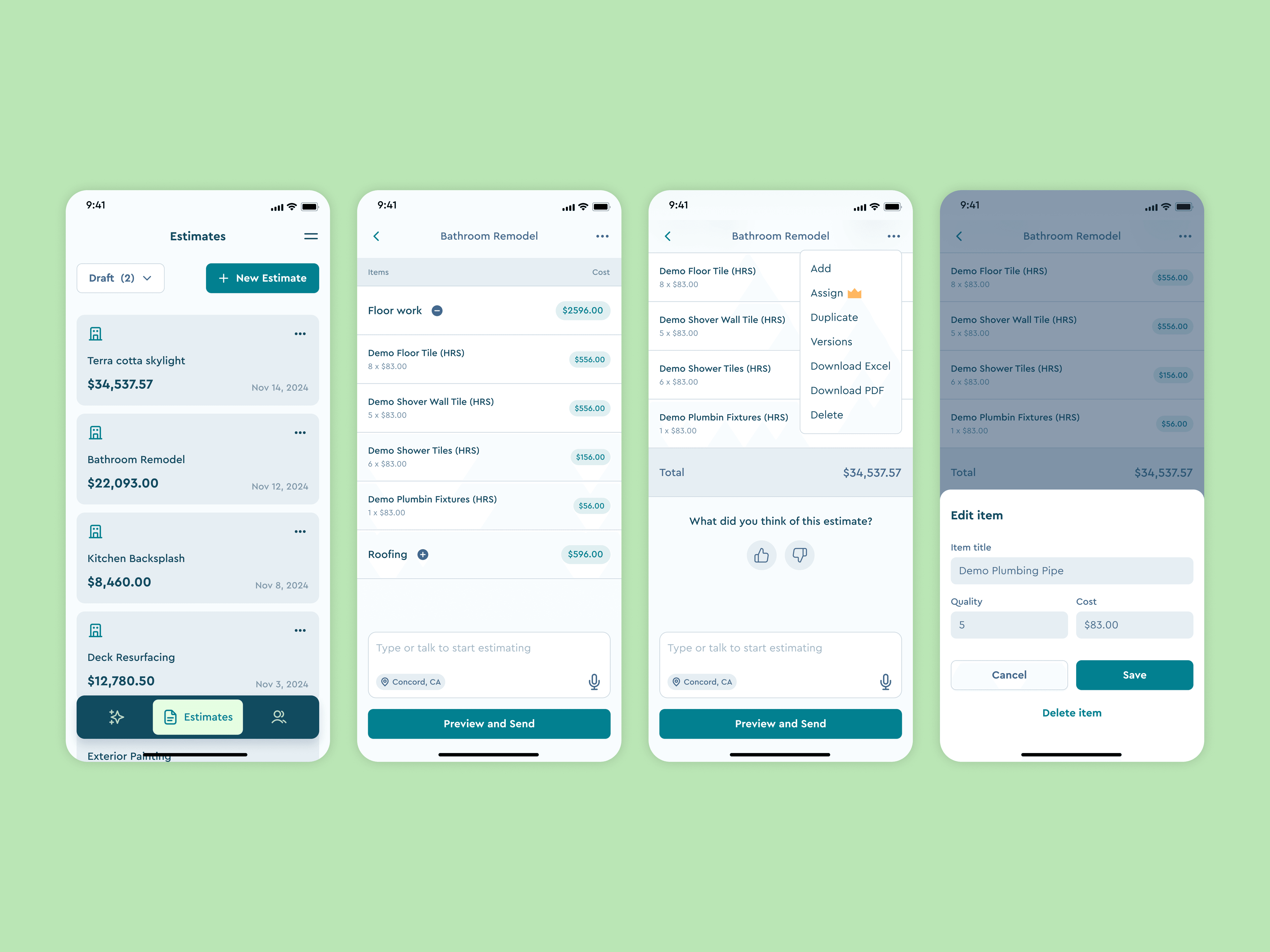 Saved estimates, an estimate's line items, its actions menu and editing an item