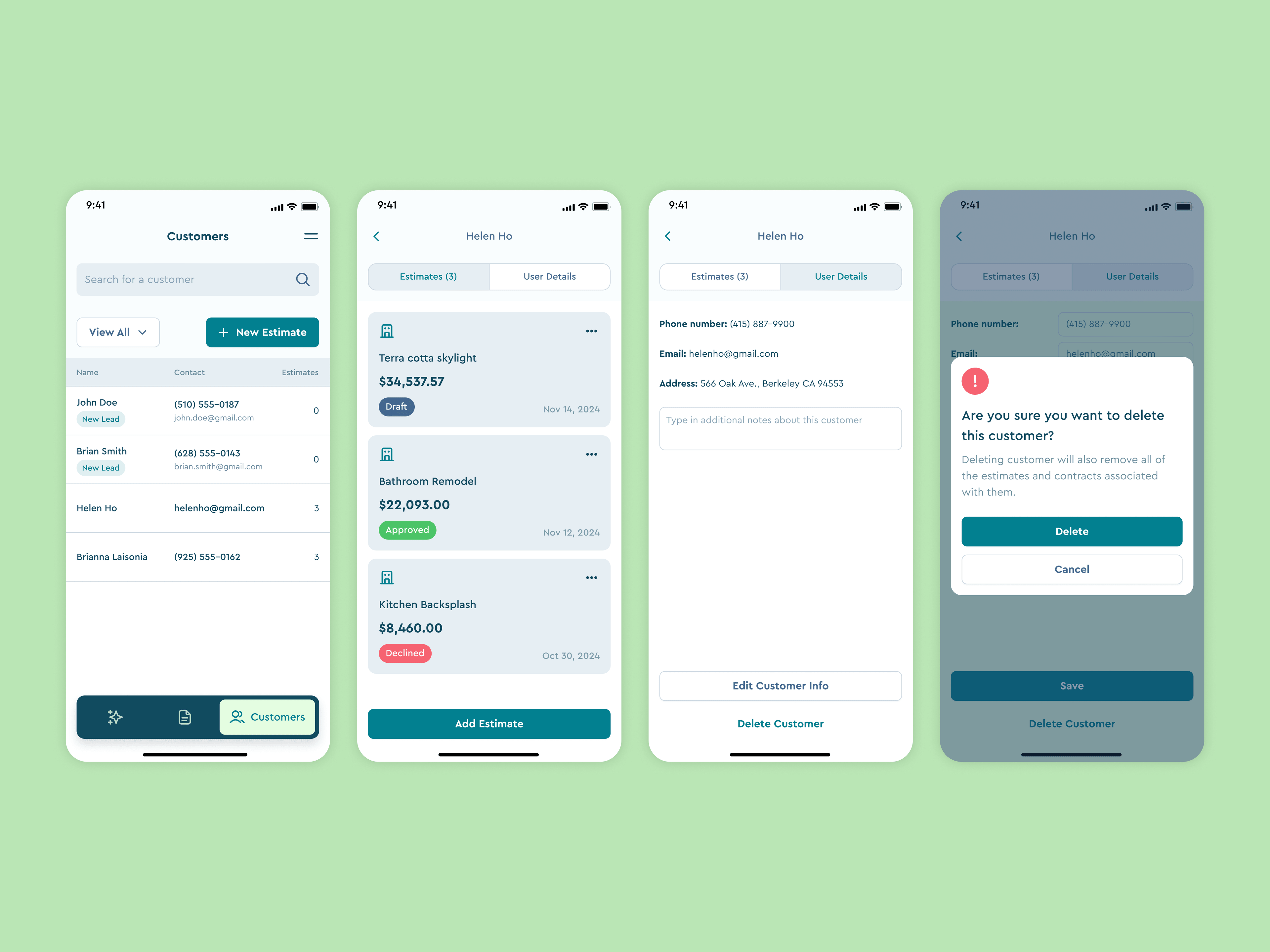 Customers, a customer's estimates and details, and deleting a customer