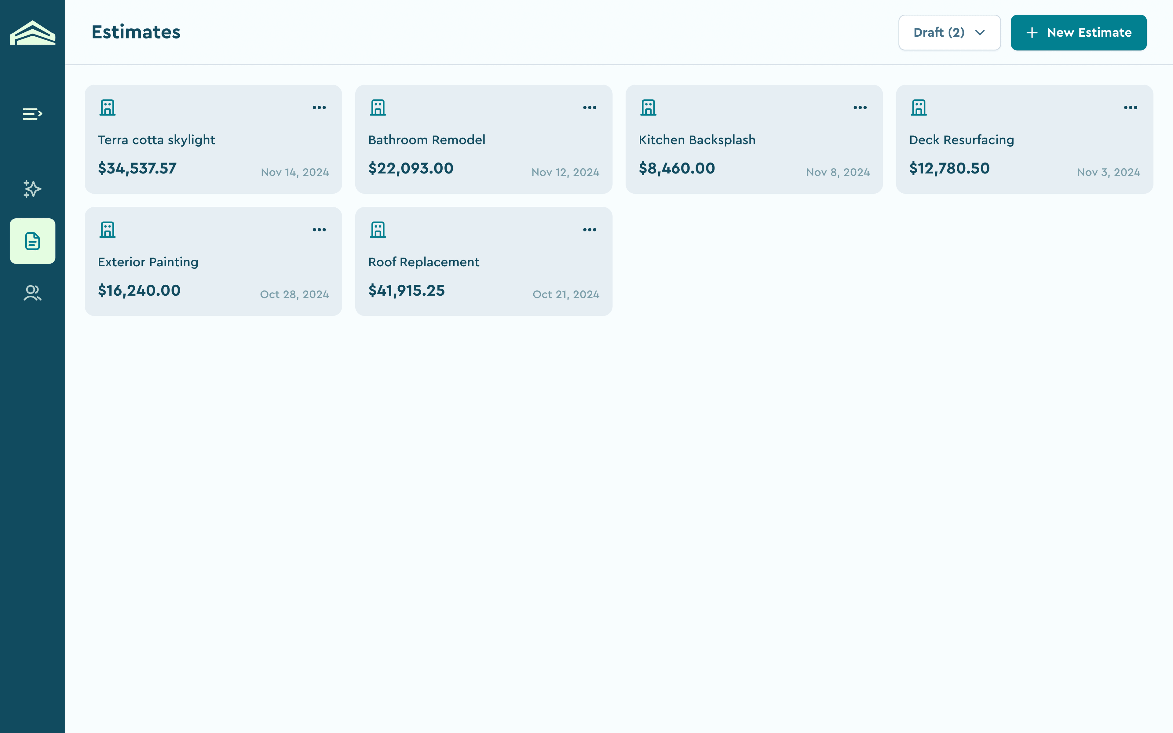 All estimates, with drafts and a new estimate button